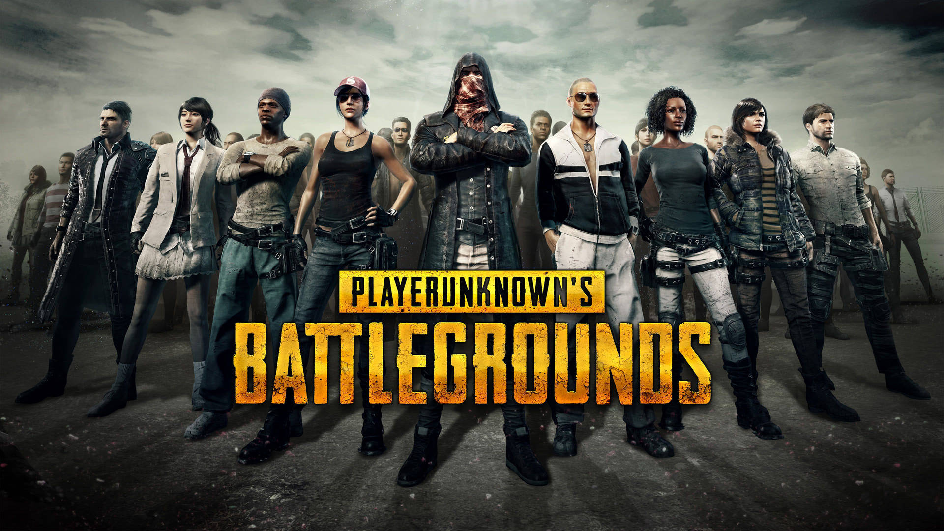 一群身穿戰鬥裝備的 PUBG 玩家站在暴風雨的城市環境中。