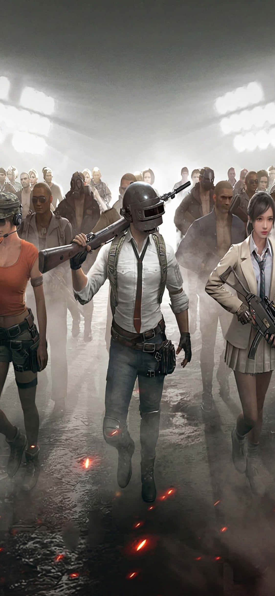 《絕地求生》移動版 APK v1.0 壁紙 — 一隊身穿戰術裝備的武裝玩家，在明亮的頭頂燈光下，大步穿過煙霧彌漫的競技場。