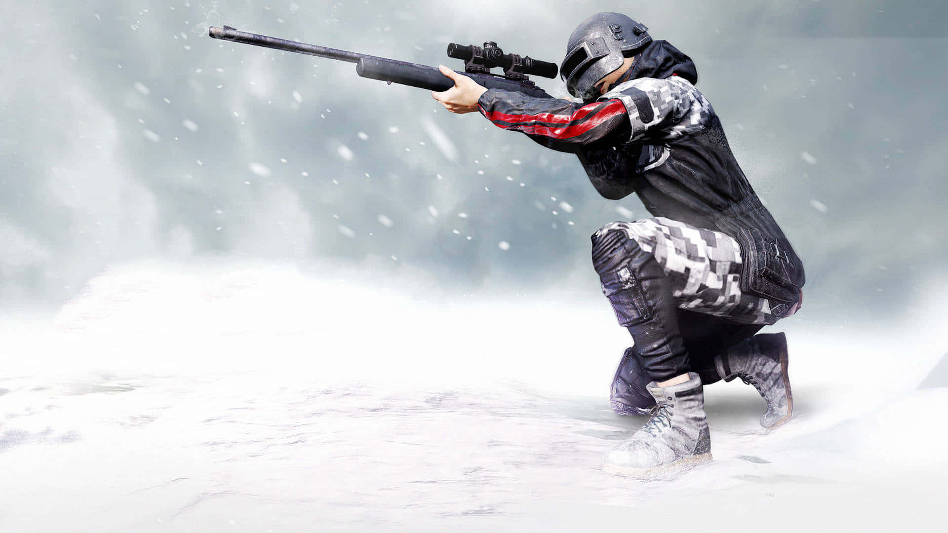 身穿冬季裝備的士兵在暴風雪中瞄準狙擊步槍。