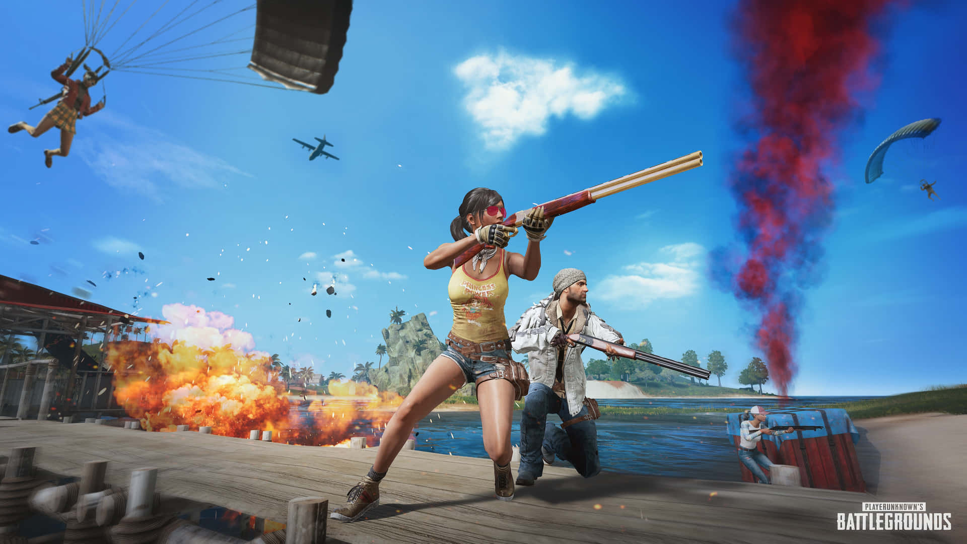 兩名玩家在PUBG battle royale中在爆炸中衝過碼頭，降落傘落下。