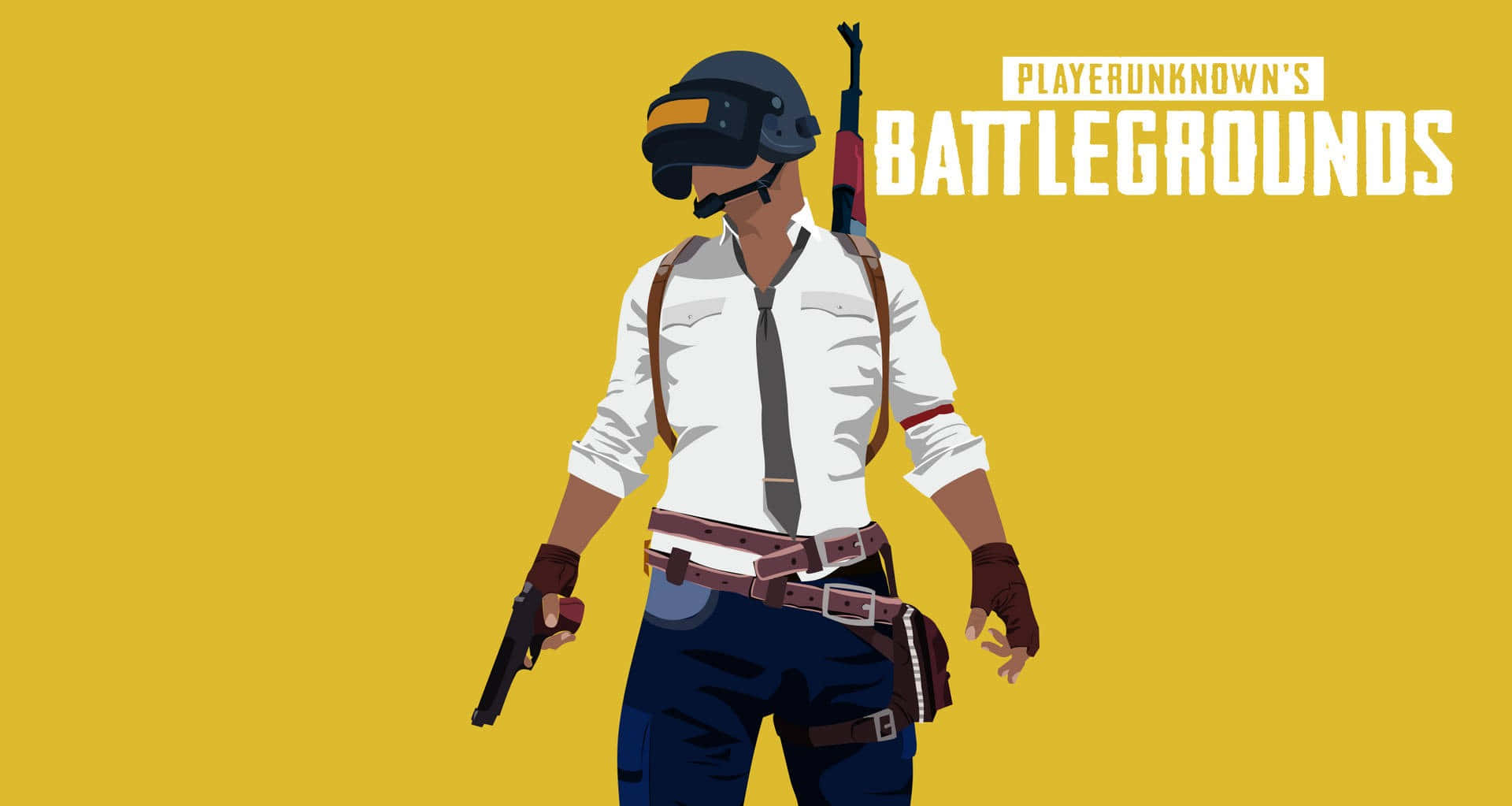 戴頭盔和領帶的PUBG角色在黃色背景上握著手槍