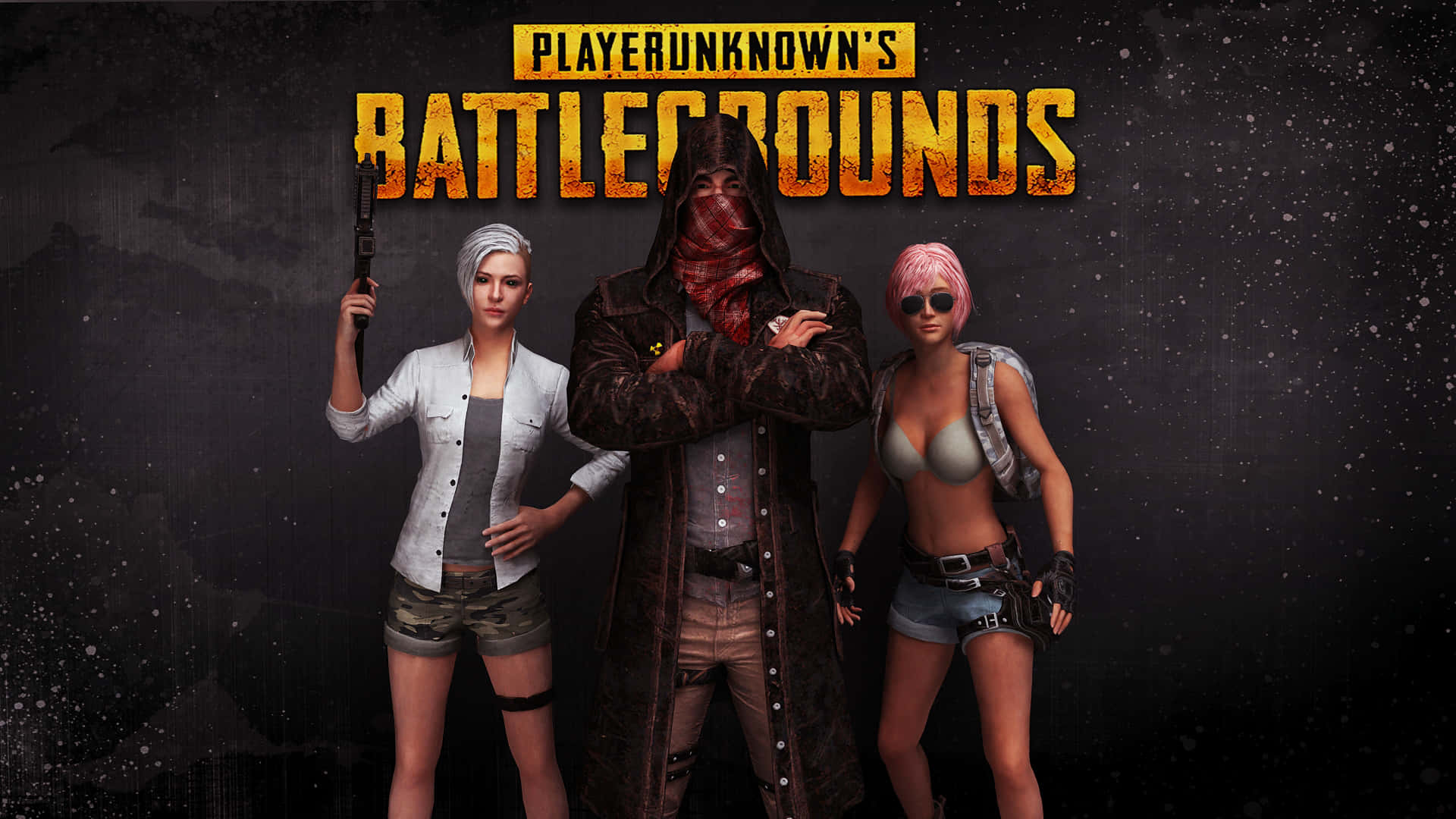 三個身穿戰鬥裝備的 PUBG 遊戲角色手持武器擺姿勢。