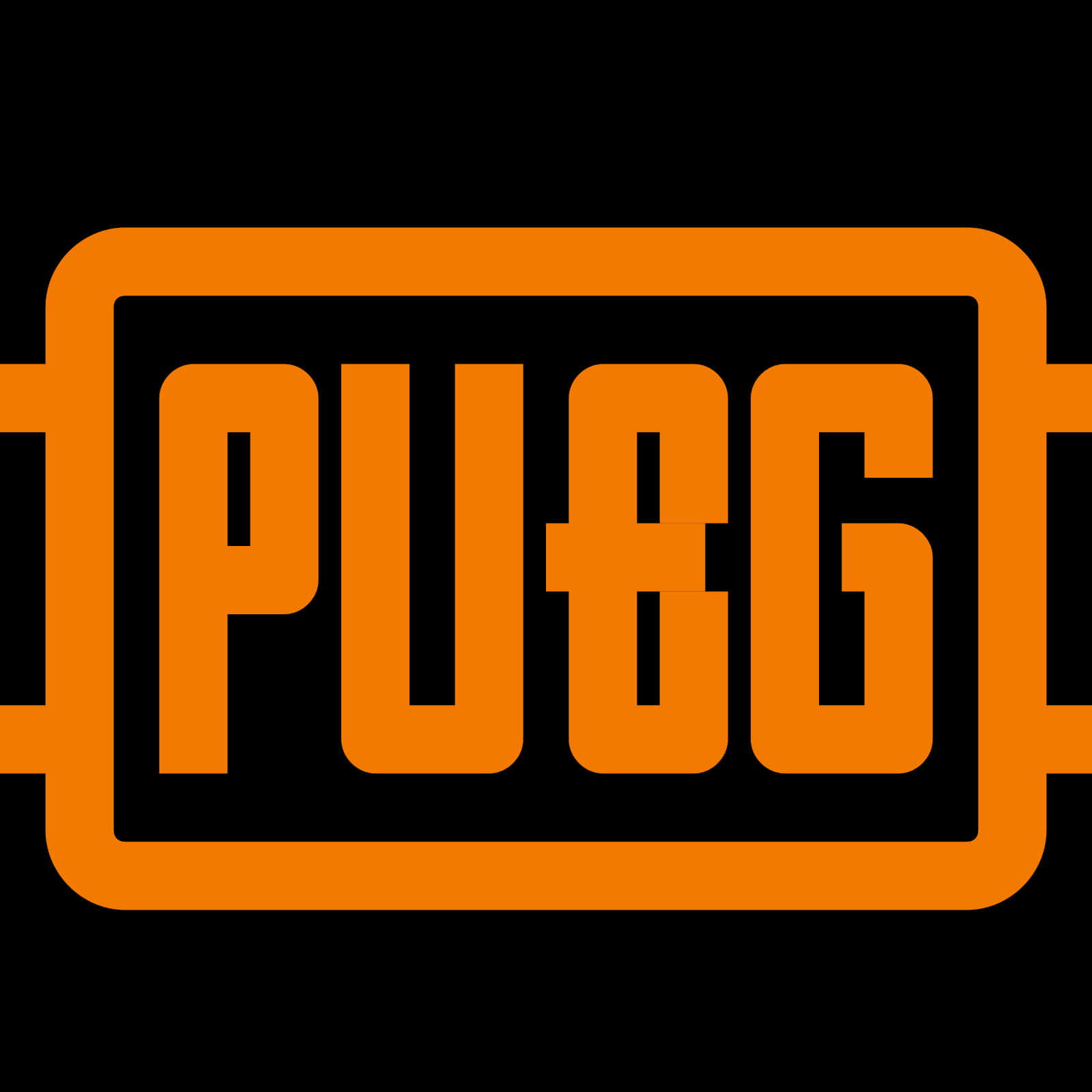 絕地求生遊戲標誌 壁紙 — 大膽的橙色 PUBG 標誌居中於純黑色背景上，搭配簡潔的幾何框架。