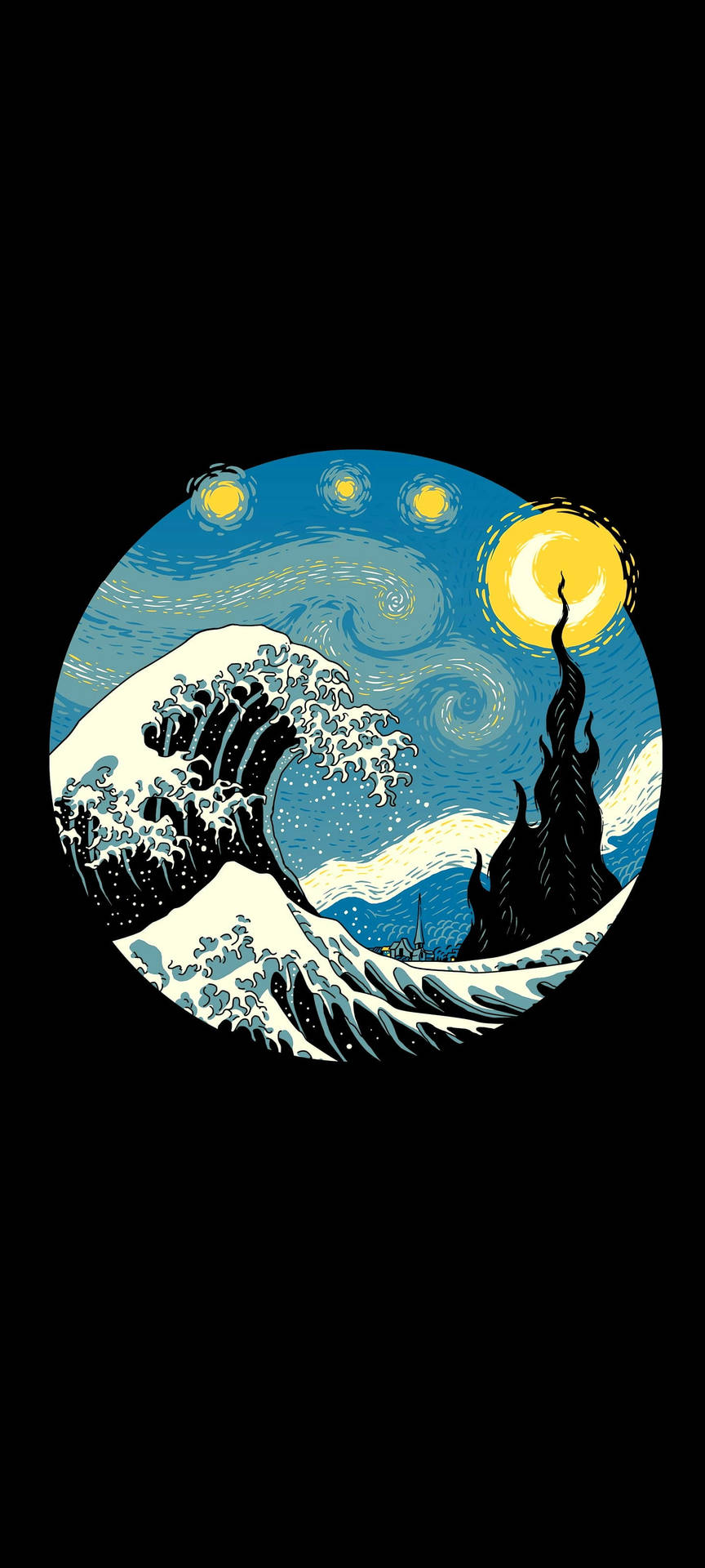 圓形藝術，將《神奈川沖浪裏》與《星夜》融合在黑色背景上。
