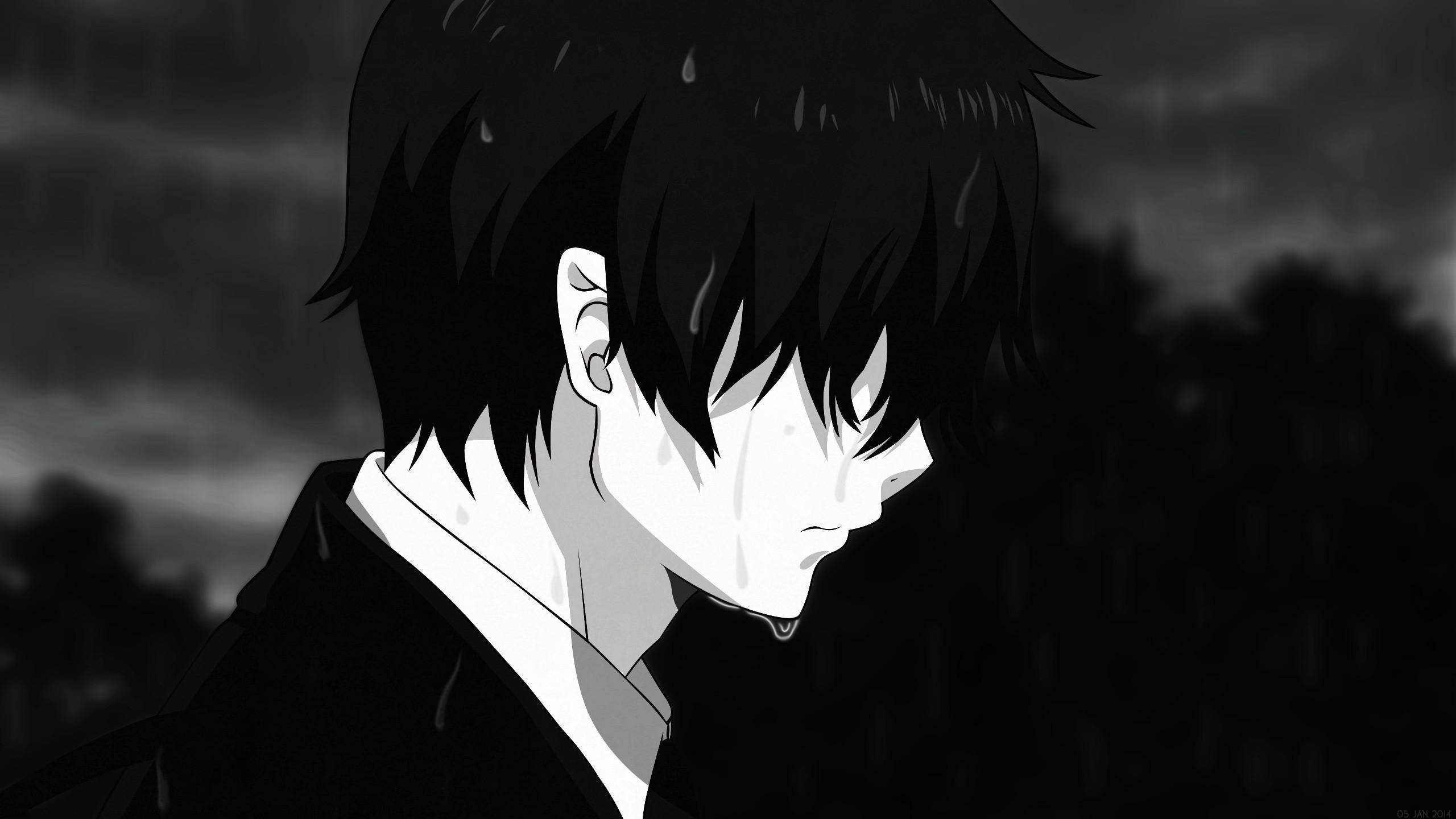 絕望的憂鬱男孩 壁紙 — 一個憂鬱的動漫男孩，濕漉漉的頭髮和淚水劃過臉龐，站在單色的暴雨中。