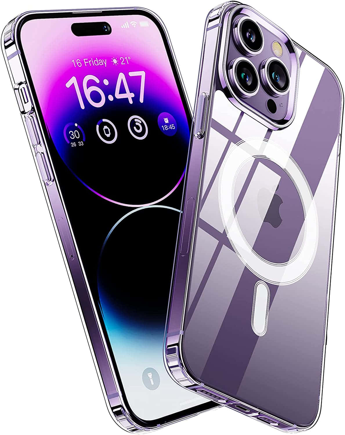 絕美iPhone風景畫 壁紙 — 一部時尚的紫色 iPhone 14 Pro Max 放在透明保護殼中，在白色背景上顯示充滿活力的紫色漸變鎖定螢幕。