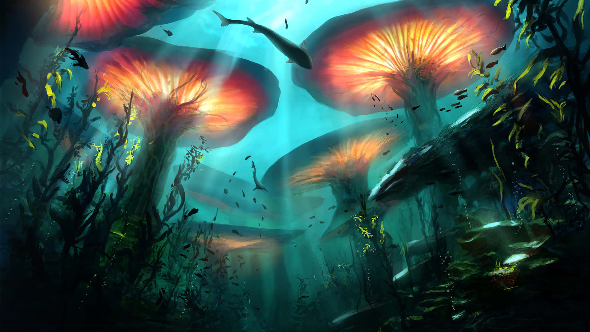 水下奇幻場景，發光蘑菇和鯊魚在海藻間游動。