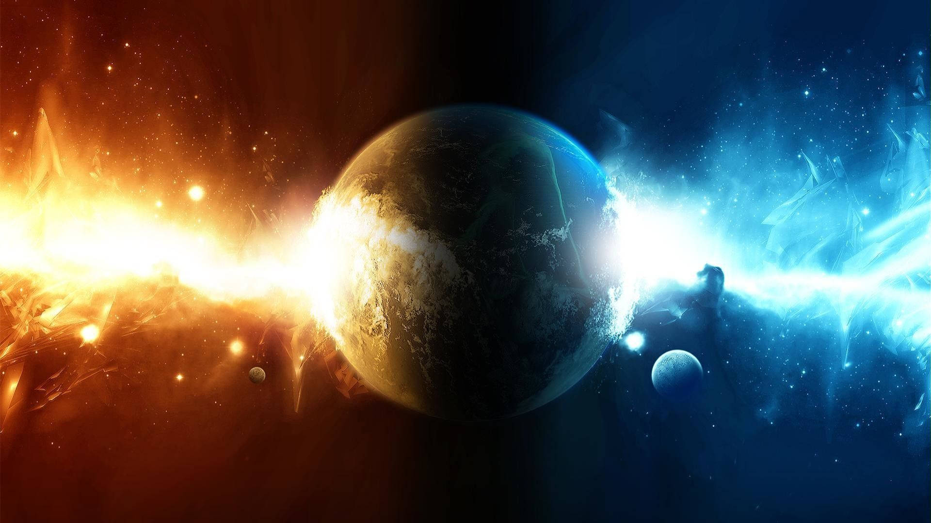 一顆被發光光束一分為二的行星，太空中帶有熾熱和冰冷的星雲。