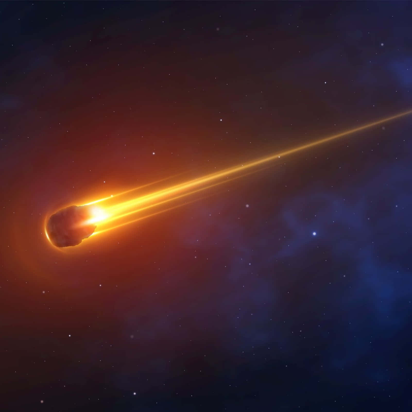 絢爛流星劃過夜空 壁紙 — 一顆熾熱的流星劃過星空宇宙，在深藍色和紫色星雲的背景下留下發光的橙色軌跡。
