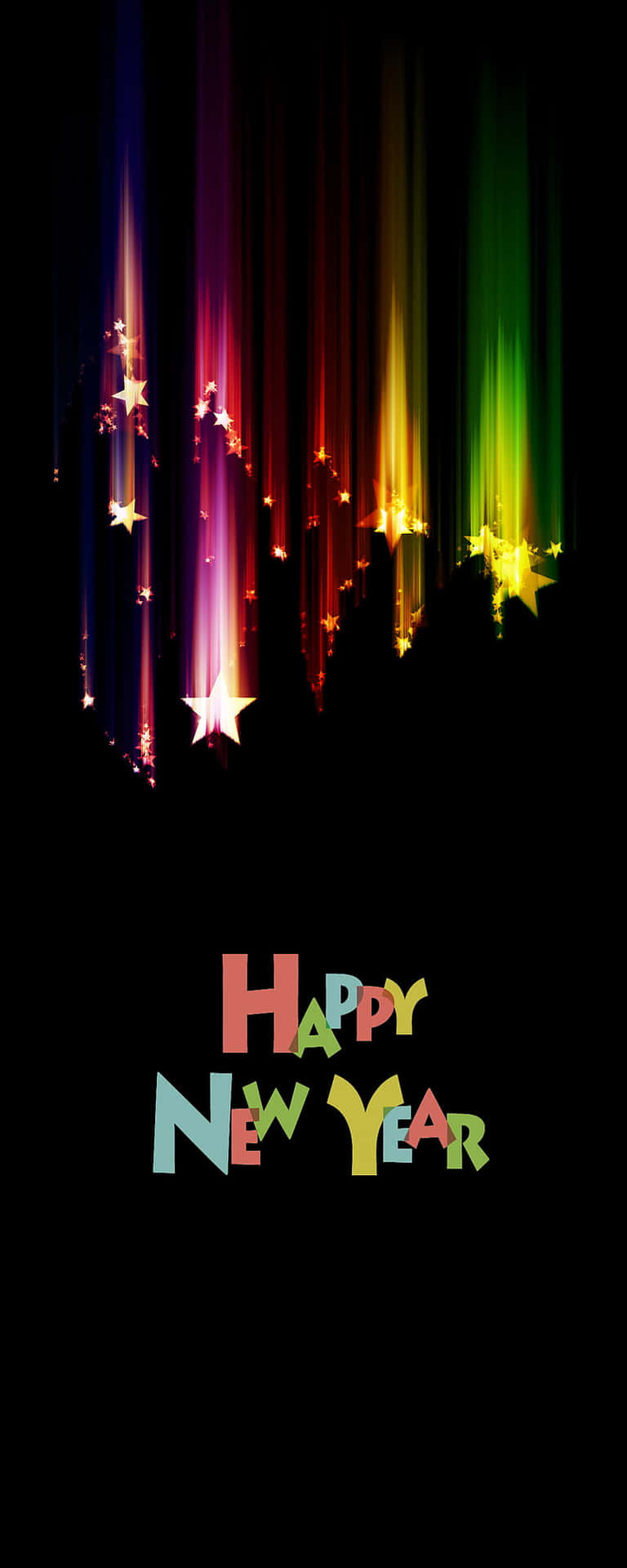 黑色背景上色彩繽紛的「Happy New Year」文字與墜落的星光光束。