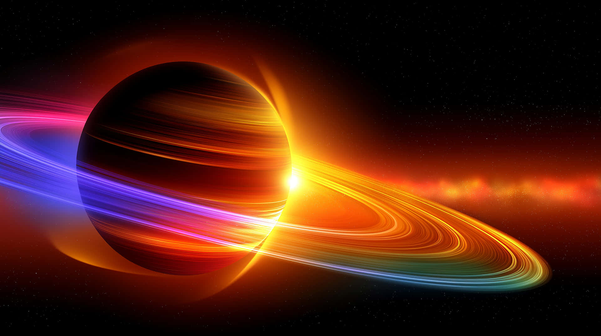 深空中一顆帶有發光環的彩色行星，周圍環繞著星星和光線條紋