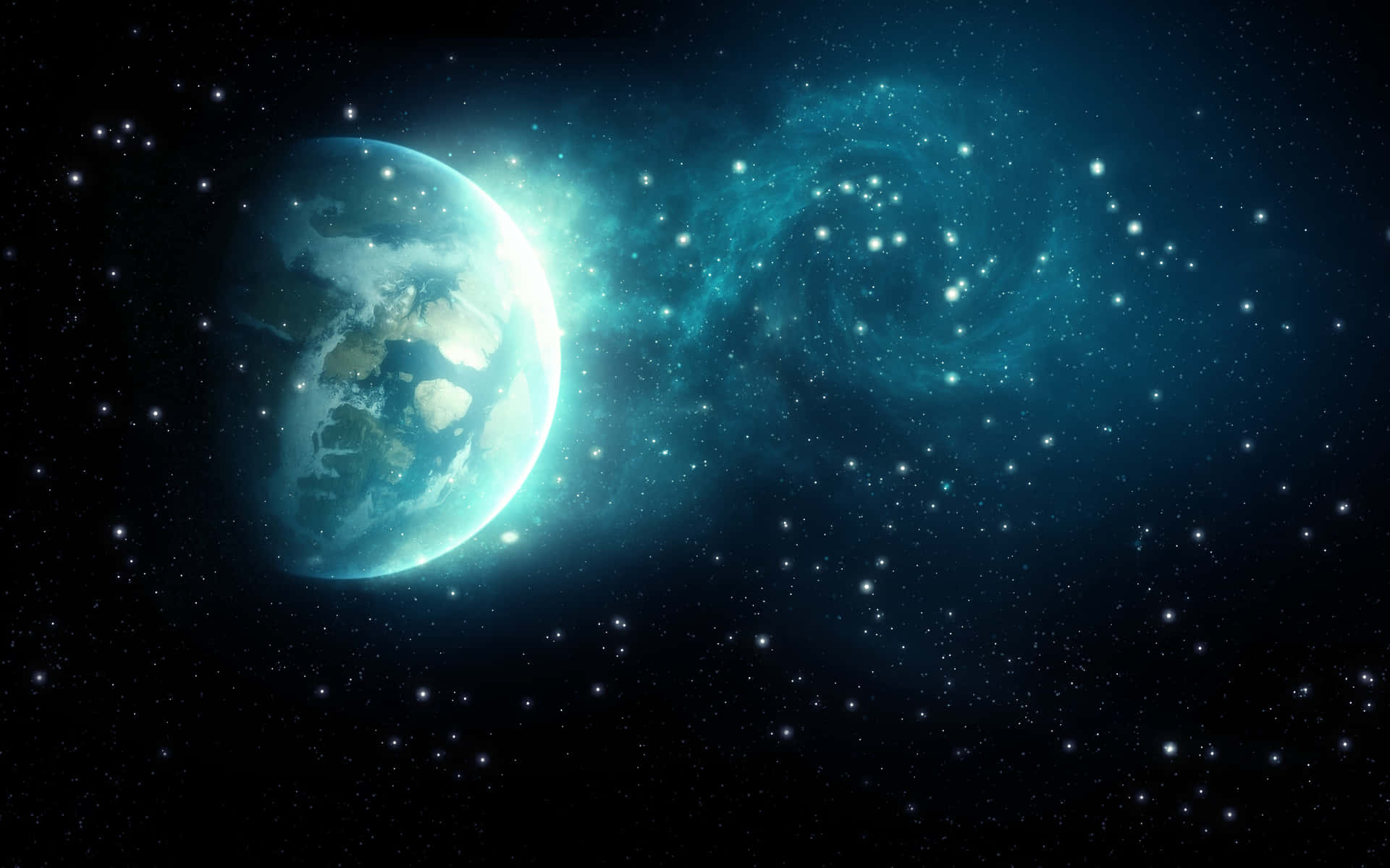 行星地球在太空中被發光的星雲和星星照亮。