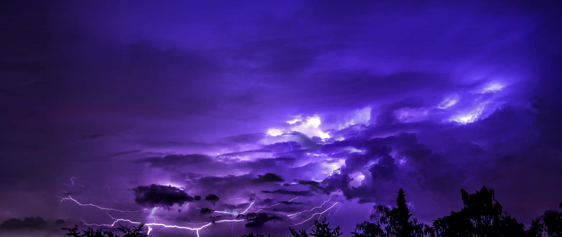 夜間在黑暗樹木剪影上方的紫色暴風雲和閃電。