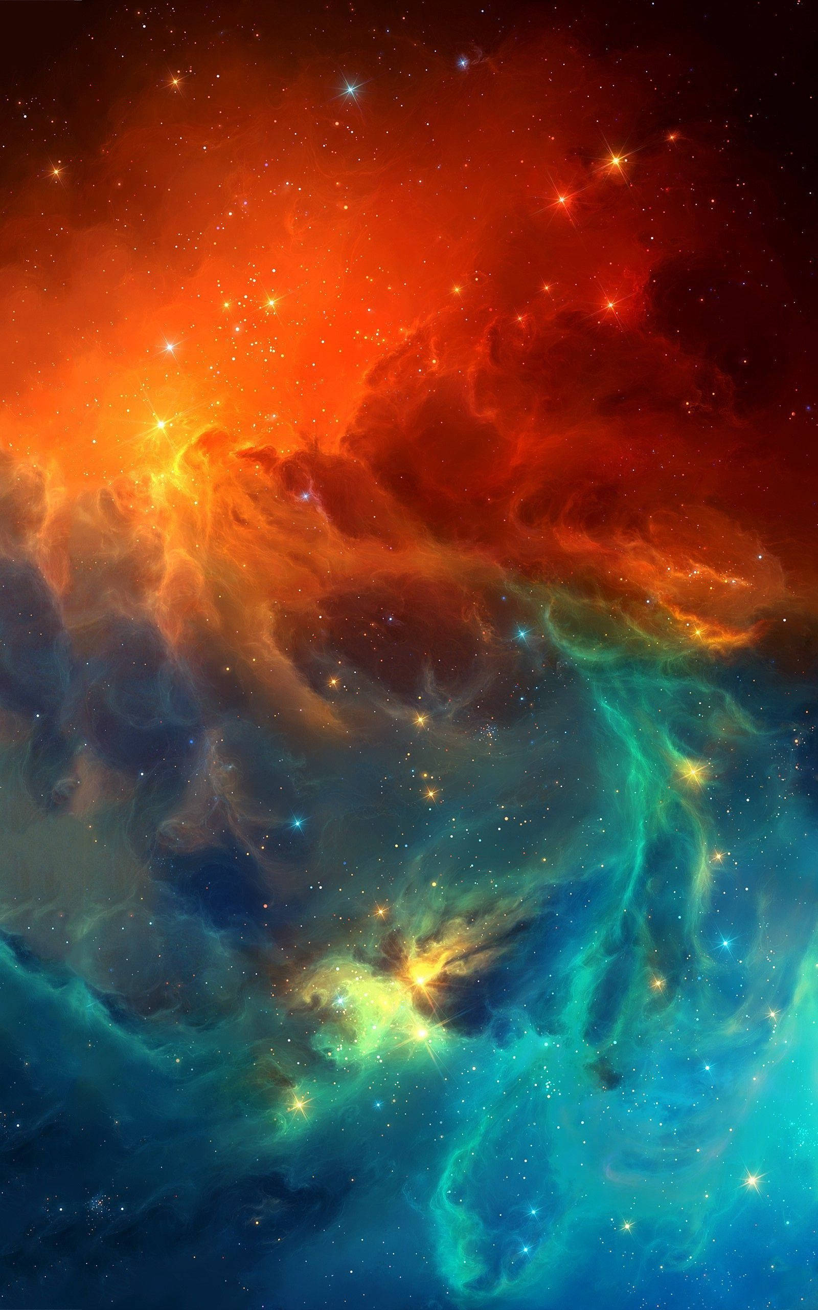 絢麗太空星雲手機壁紙 壁紙 — 充滿活力的宇宙星雲在星空中以火熱的橙色和電光藍綠色旋轉。