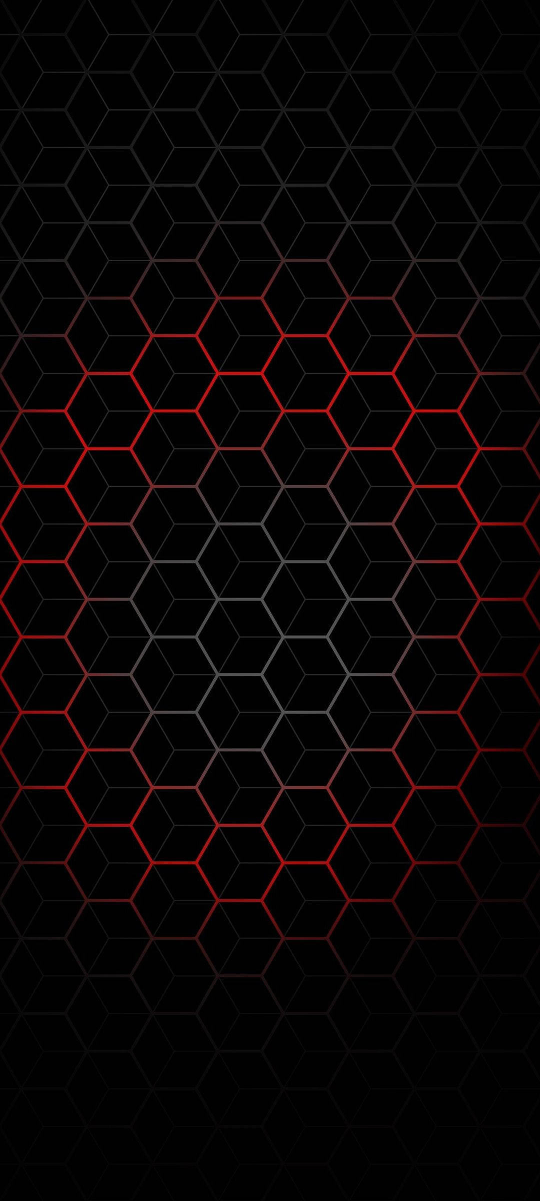 絢麗奪目的色彩繽紛 AMOLED 顯示 壁紙 — 六角形網格的深色背景，帶有從底部到頂部形成漸變的紅色發光線條。