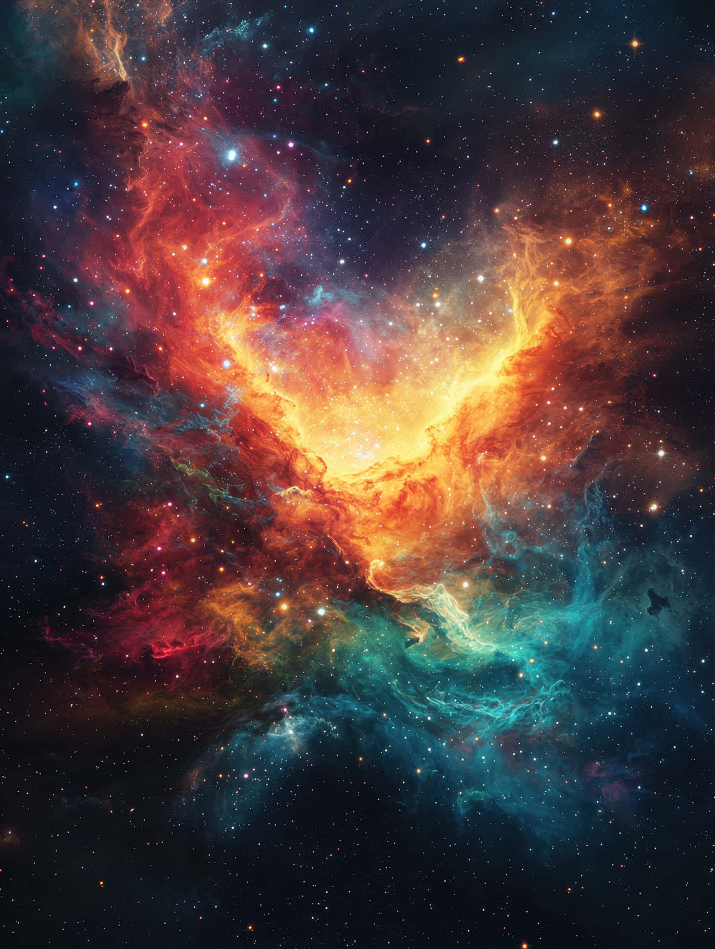 絢麗宇宙星雲，旋轉色彩與星辰於深空 壁紙 — 一個充滿活力的宇宙星雲，帶有火橙色和藍綠色的雲團，圍繞著一個佈滿無數恆星的明亮核心旋轉。