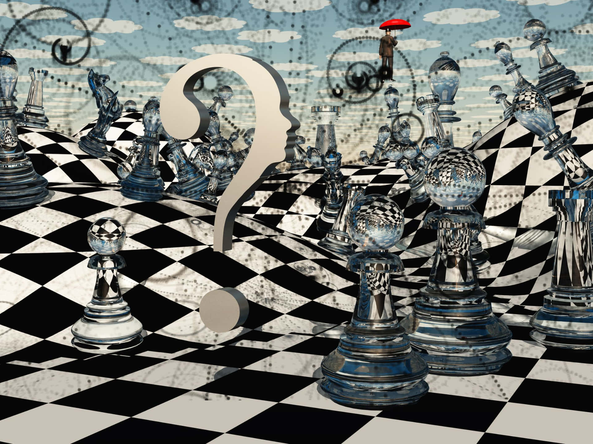 棋盤上的棋子，一個大問號和一個拿著紅色雨傘的小人。