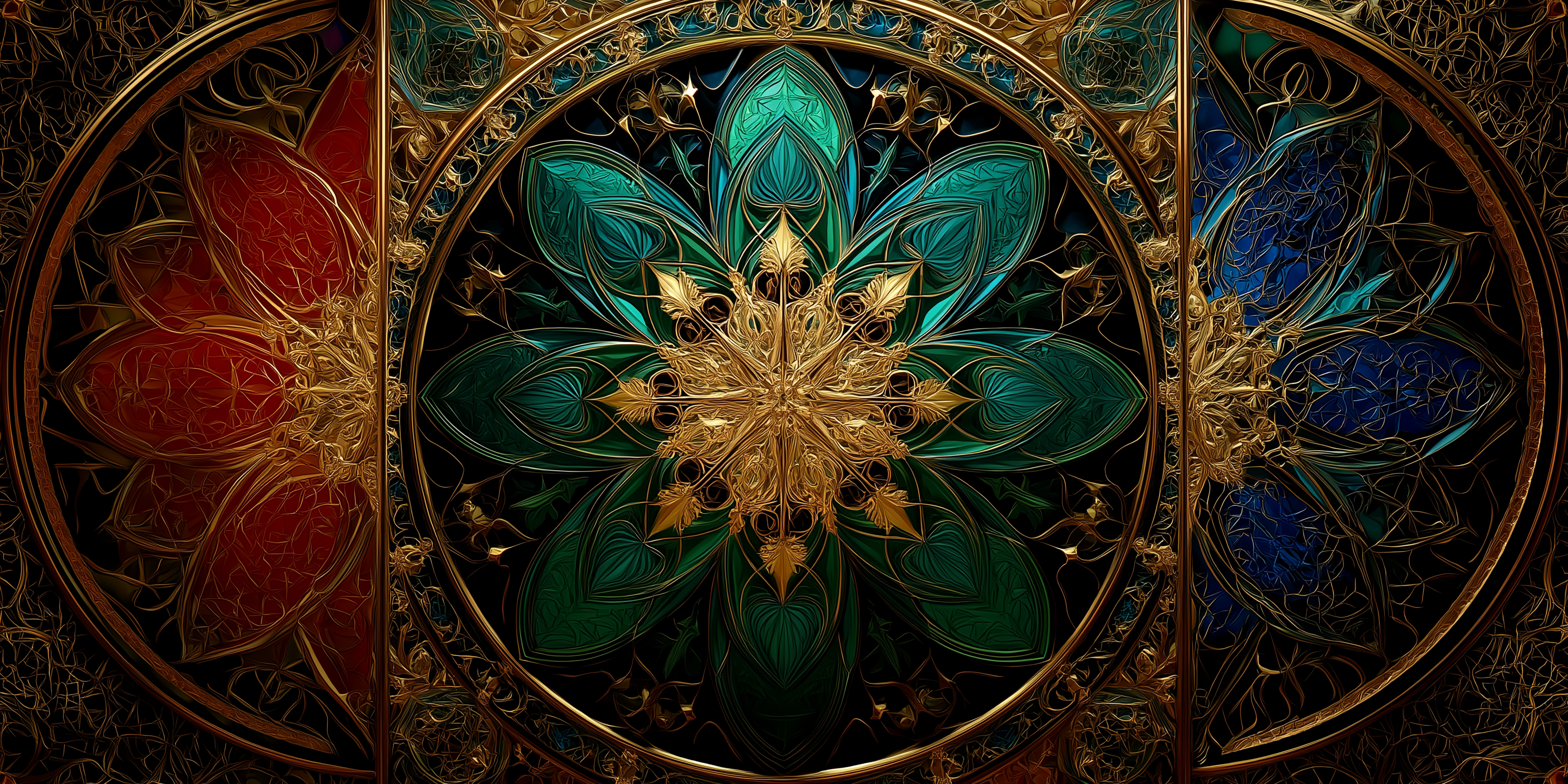 絢麗幾何萬花筒 壁紙 — 一個對稱的曼陀羅，金色鏤空花瓣從中央星爆向外輻射，兩側是華麗圓形框架內的紅色和藍色彩繪玻璃花卉圖案。
