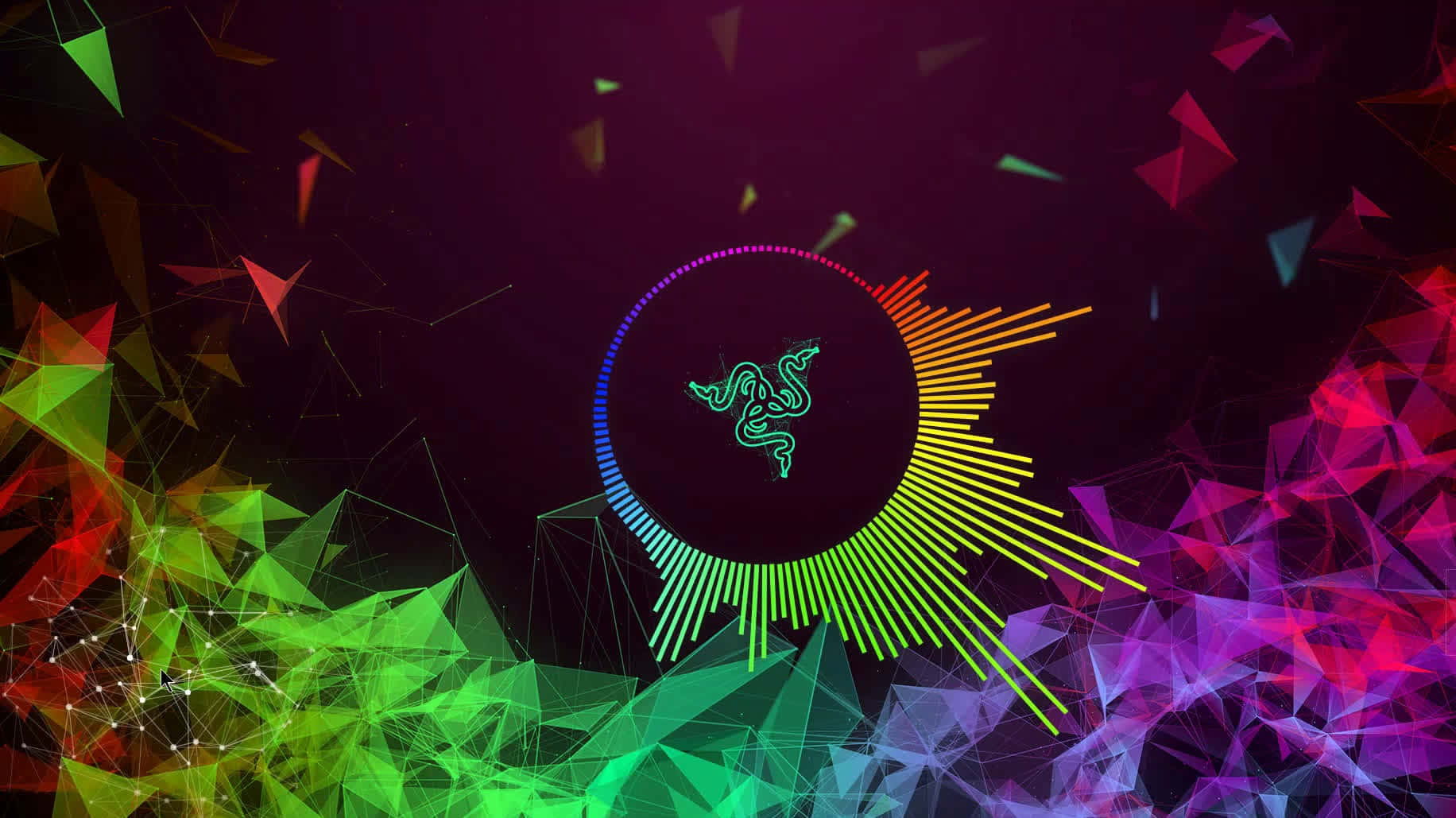 霓虹幾何三角形圍繞著一個發光的Razer標誌和音頻波形。