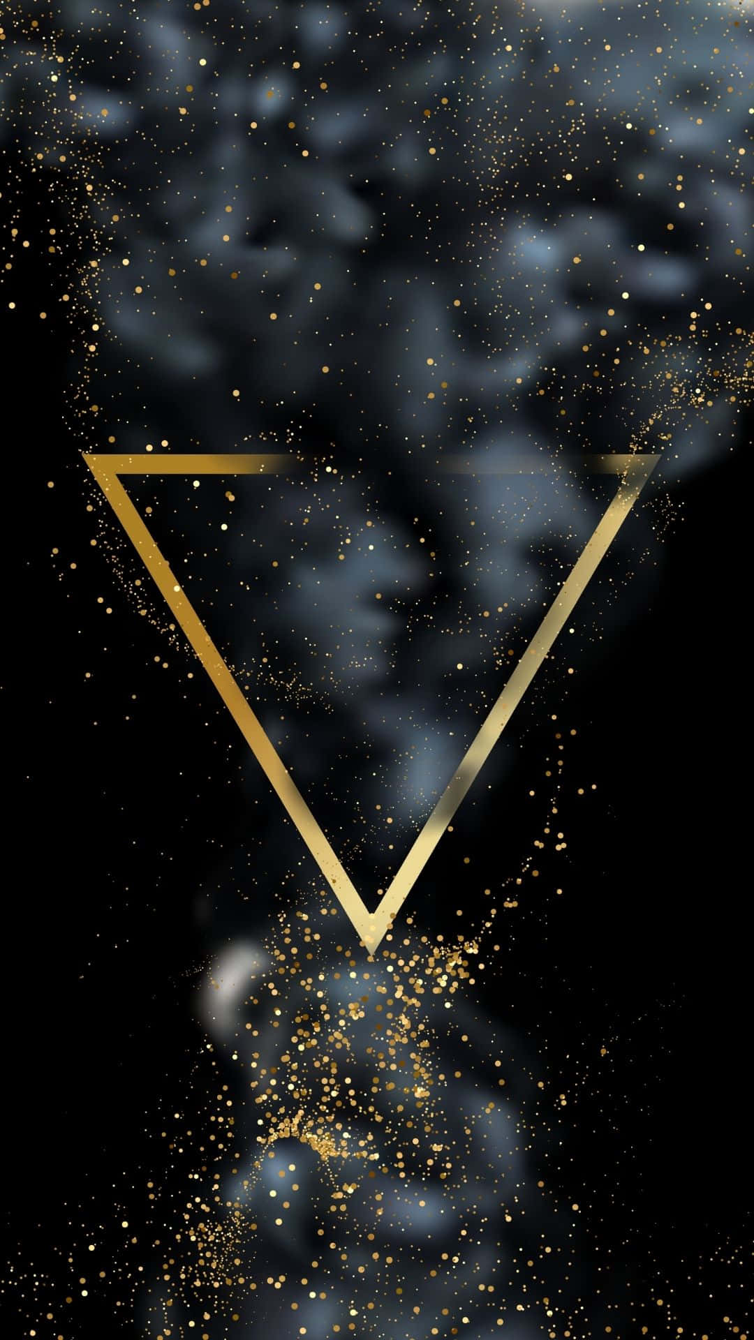絢麗星河夜空 壁紙 — 一個發光的金色三角形漂浮在旋轉的宇宙雲和閃爍的粒子之間，背景為深色。