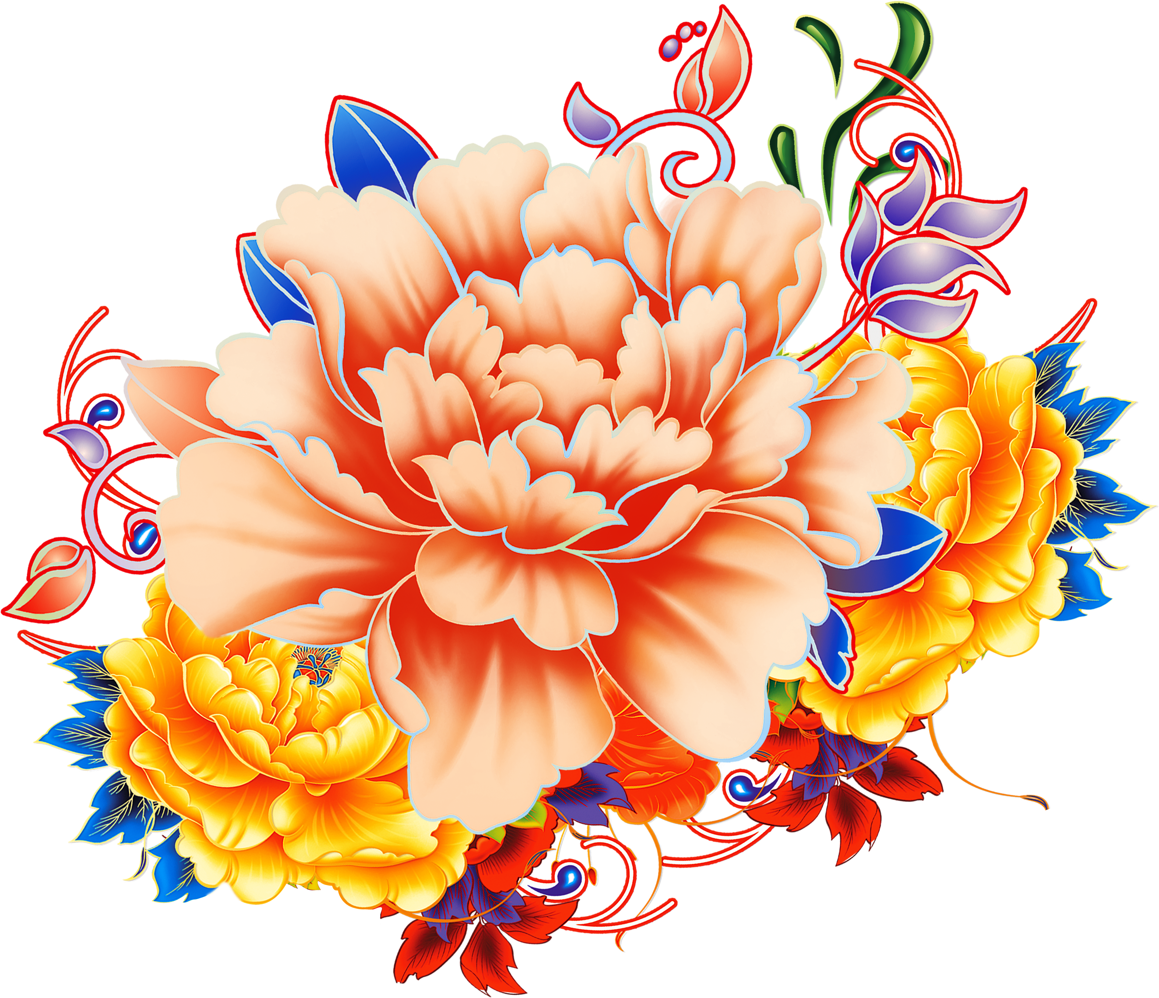 絢麗牡丹插畫 壁紙 — 鮮豔的風格化牡丹花以蜜桃色和黃色為主，搭配藍色點綴，在純黑背景上盛開。