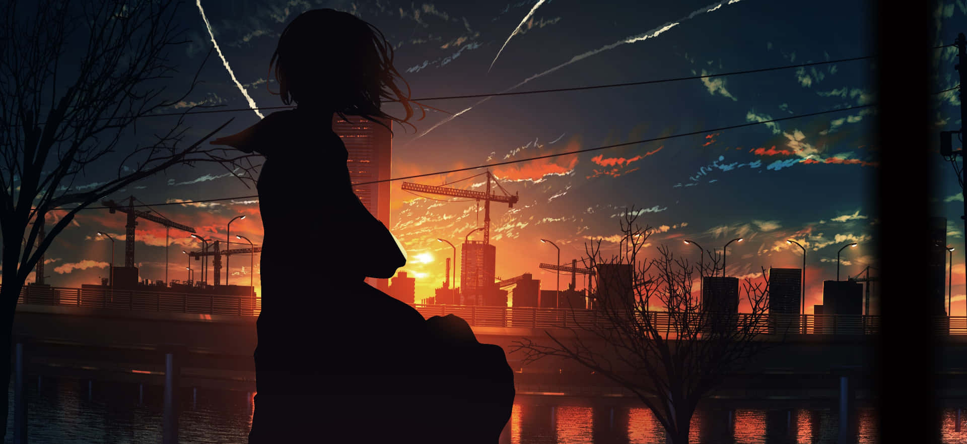 夕陽下俯瞰城市天際線的動漫女孩剪影，背景有建築起重機。