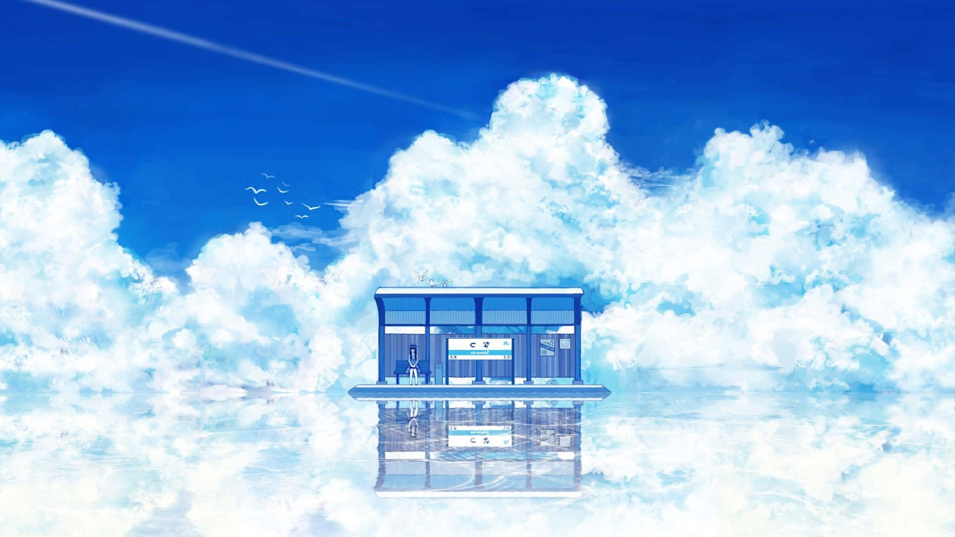 絢麗的黃昏天空，山景上色彩交融的奇景 壁紙 — 一個寧靜的動漫風格車站漂浮在反射的雲海上，廣闊的藍天下有鳥兒飛過。