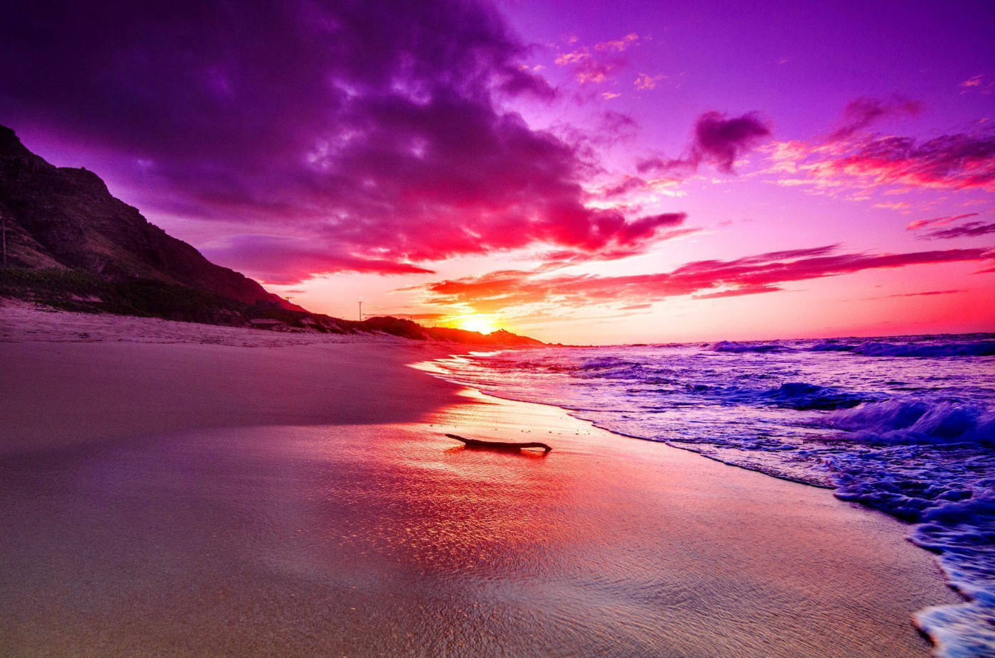 色彩繽紛的夕陽海灘，有海浪和濕沙上的漂流木。