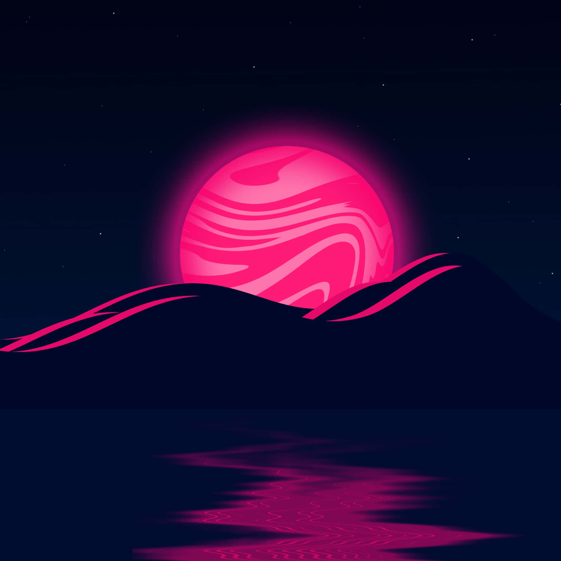 粉紅色行星升起於山丘之上，倒映在水中，星空下