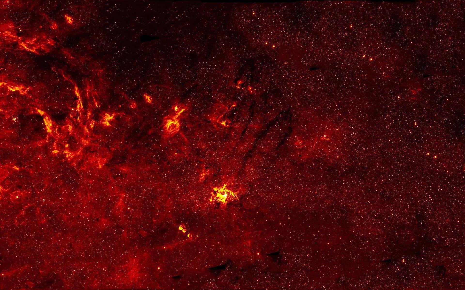 在深空中閃爍的紅色和橙色星雲，伴隨著發光的星星。