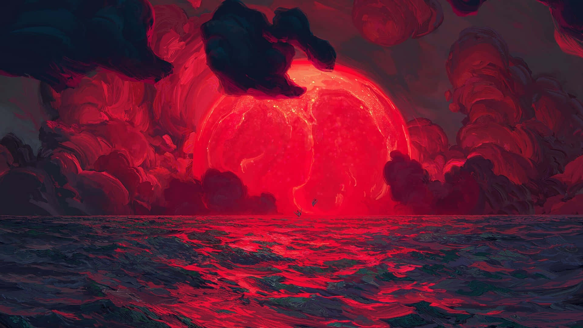 紅色太陽在黑暗海洋和暴風雲中落下。