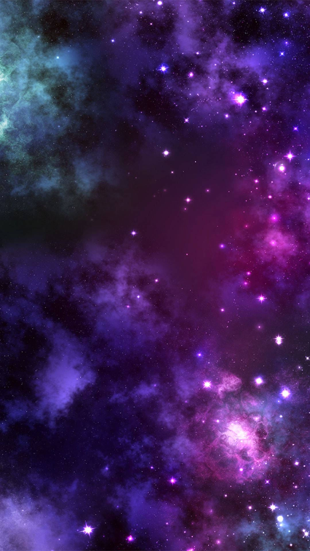 在深空中閃爍著星星的充滿活力的紫色、粉紅色和藍綠色宇宙星雲。