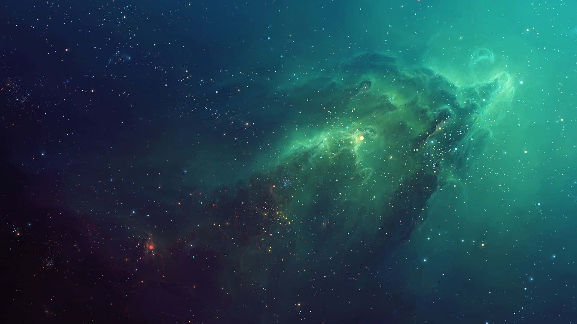 絢麗翠綠背景 壁紙 — 宇宙星雲在星空中以充滿活力的青綠色和深靛藍色旋轉，散發著空靈的能量。