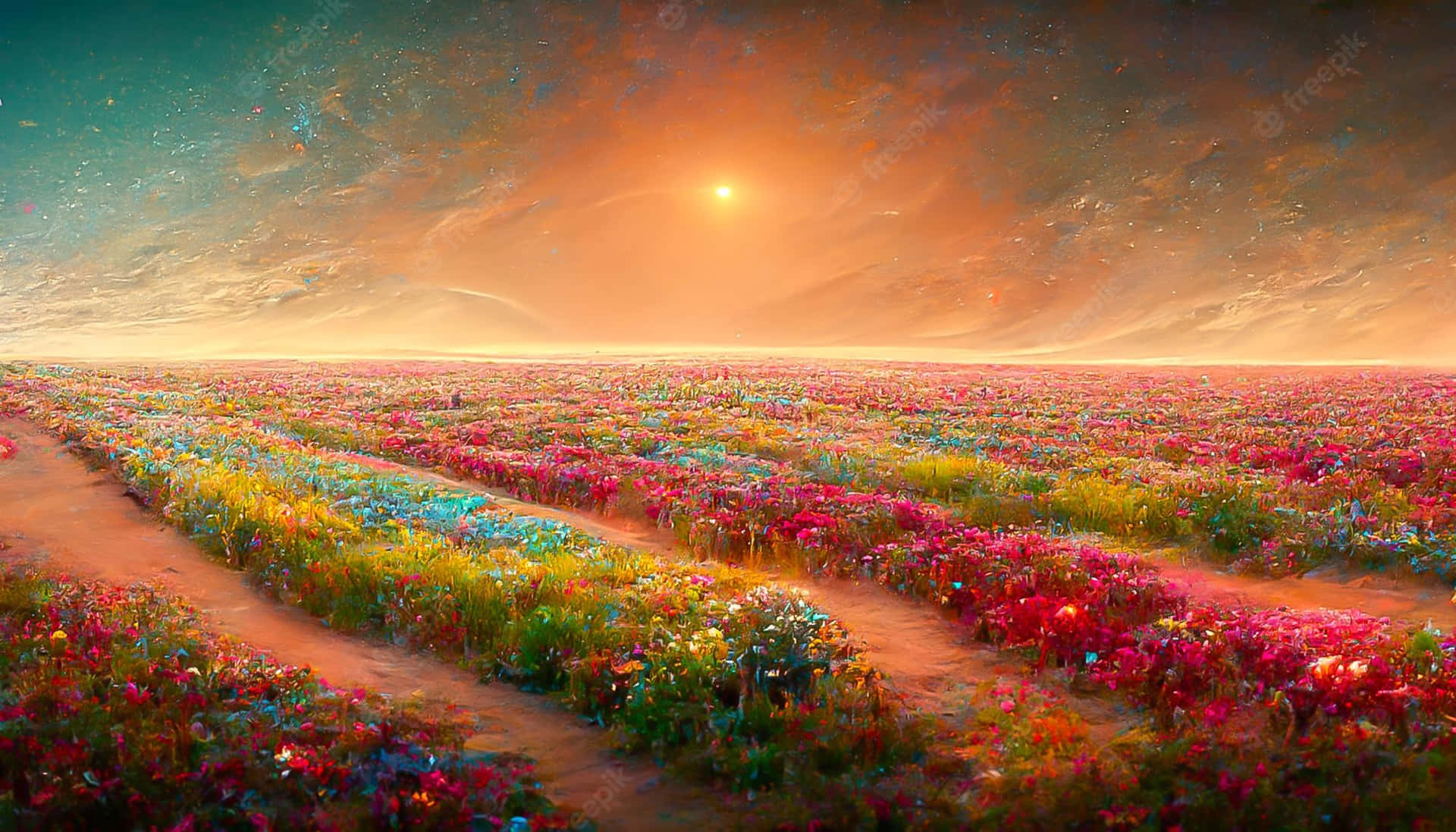超現實的夕陽天空下，蜿蜒小徑穿過的彩色花田。