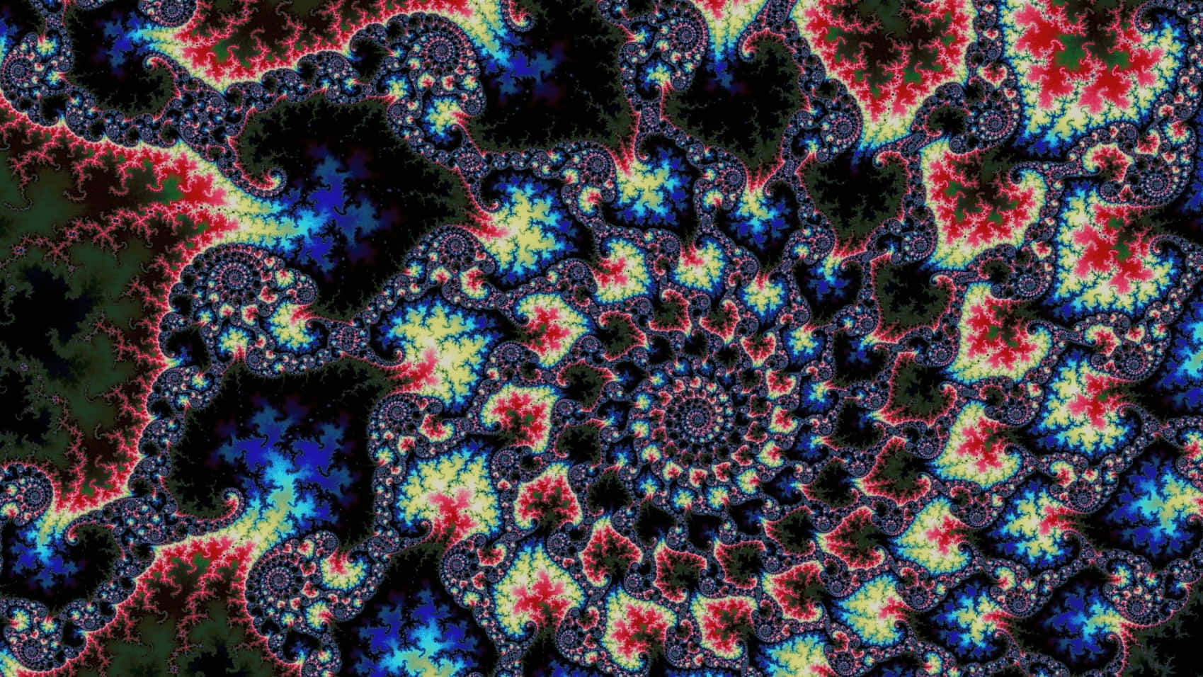 一個色彩繽紛的分形圖案，在深色背景上旋轉著紅色、藍色和綠色的形狀。