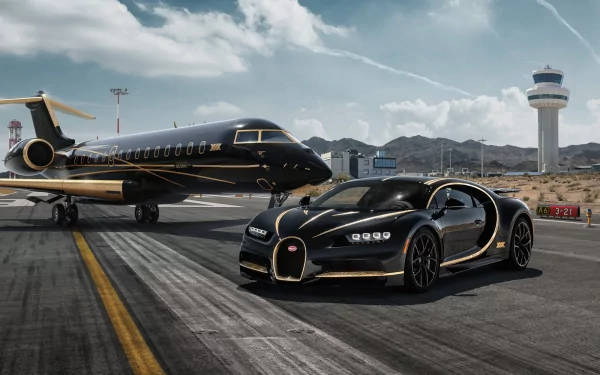 黑色Bugatti Chiron與私人飛機停泊在機場跑道上。