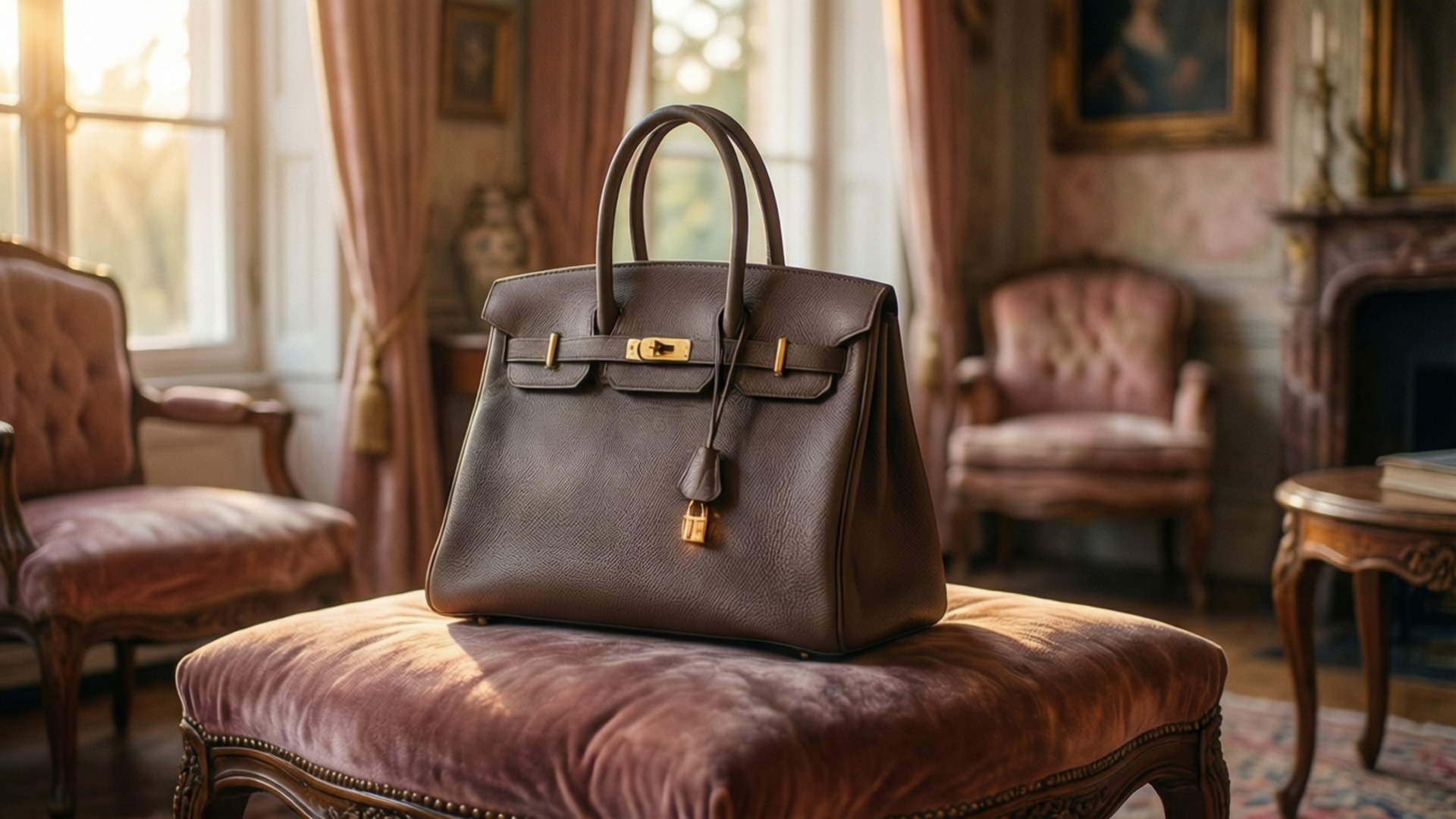 絨布上的奢華手袋 壁紙 — 一個棕色皮革 Hermès Birkin 手袋優雅地放在天鵝絨腳凳上，位於陽光充足、華麗的復古客廳中。