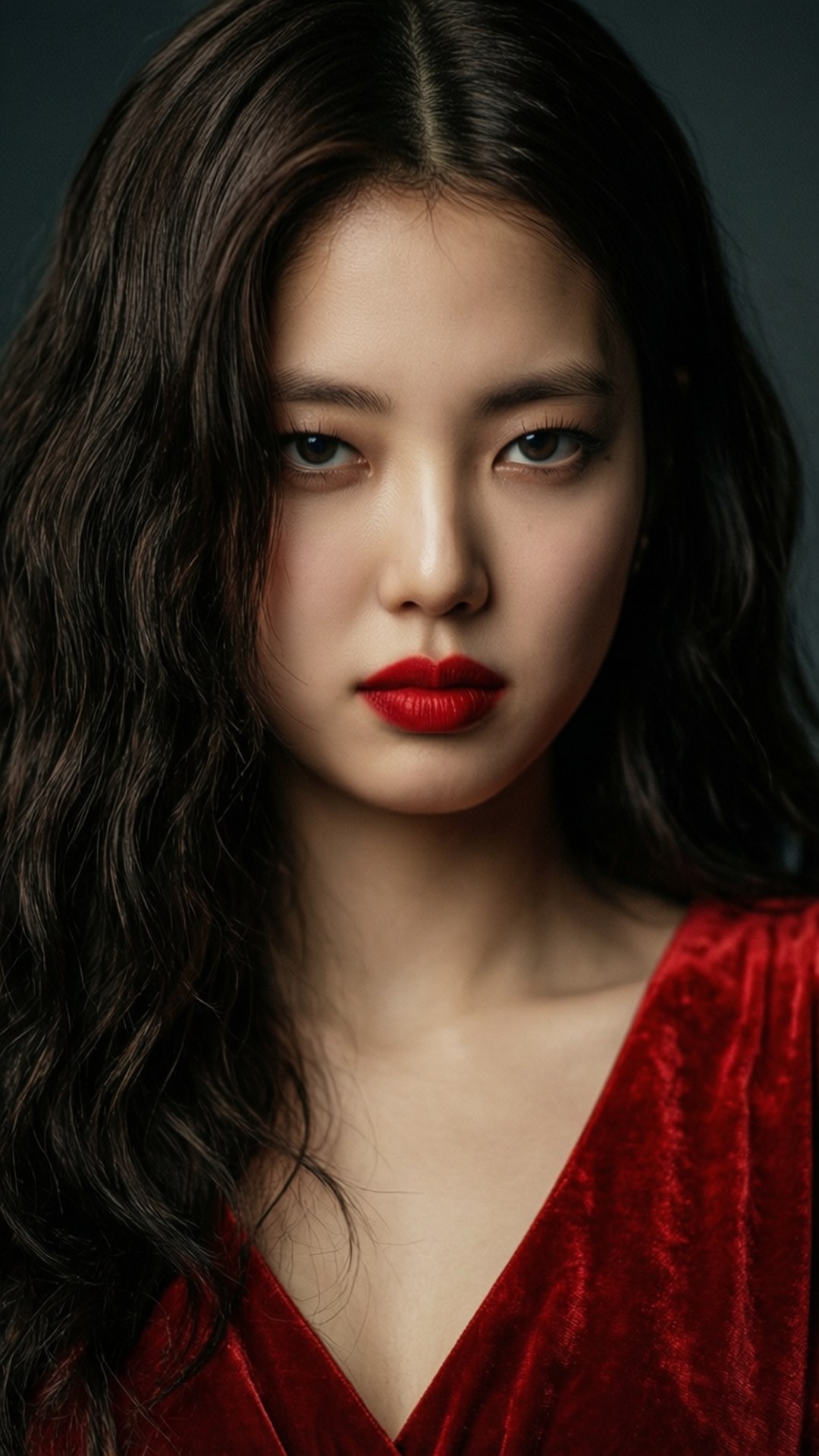 絨紅jisoo 壁紙 — 一位擁有深色波浪長髮和大膽紅唇的女性，穿著華麗的紅色天鵝絨上衣，在深灰色背景下凝視著。