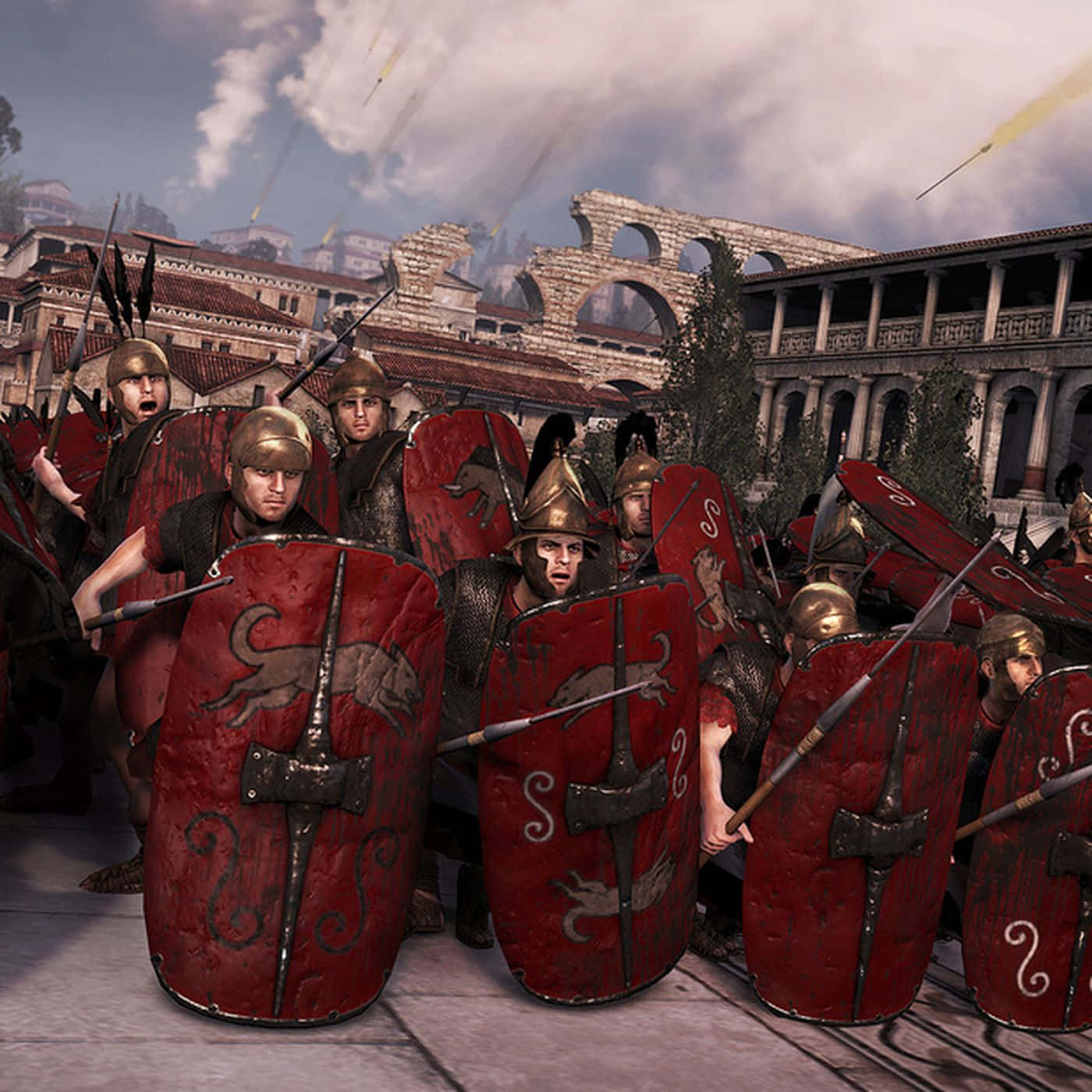 統一封建日本，征服敵人——《Total War：Shogun 2》 壁紙 — 羅馬軍團士兵手持紅色盾牌和青銅頭盔，在塵土飛揚的古城街道上衝突，周圍是搖搖欲墜的拱門和飛箭。
