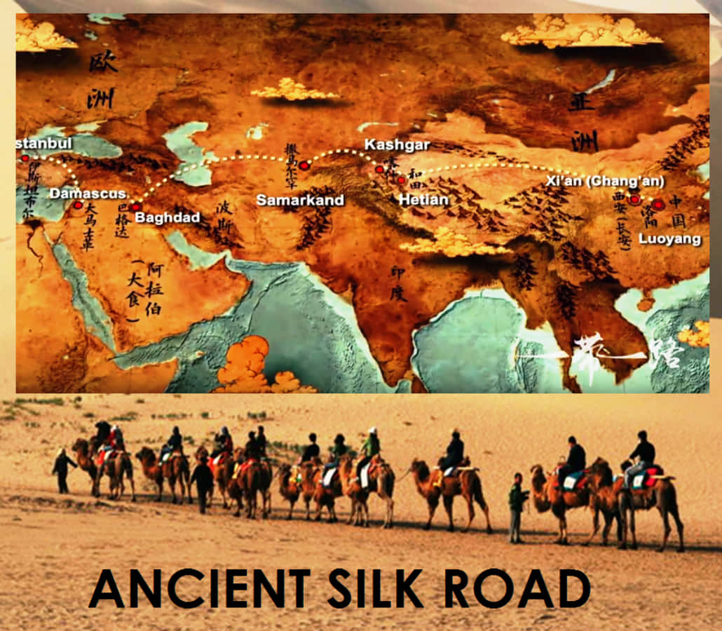 絲綢之路的壯麗風景 壁紙 — 駱駝和旅行者的沙漠商隊沿著古老的絲綢之路前進，下方是顯示主要貿易城市的風格化地圖。