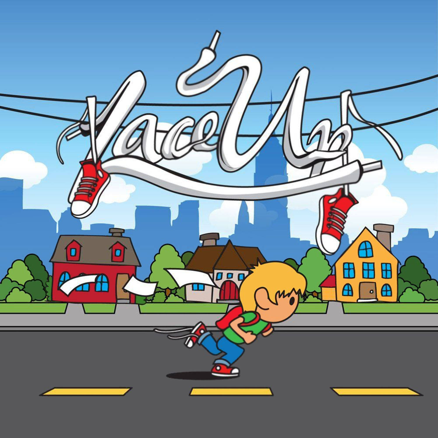一個卡通男孩在一個巨大的、運動鞋形狀的「Lace Up」標誌下跑過街道。
