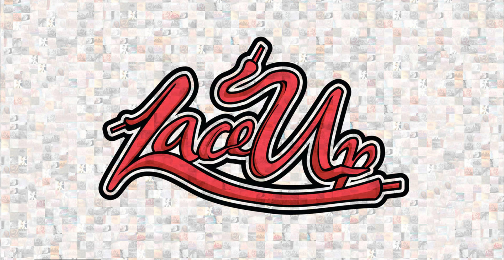 在馬賽克瓷磚背景上，以鞋帶形狀的紅色風格文字「Lace Up」。
