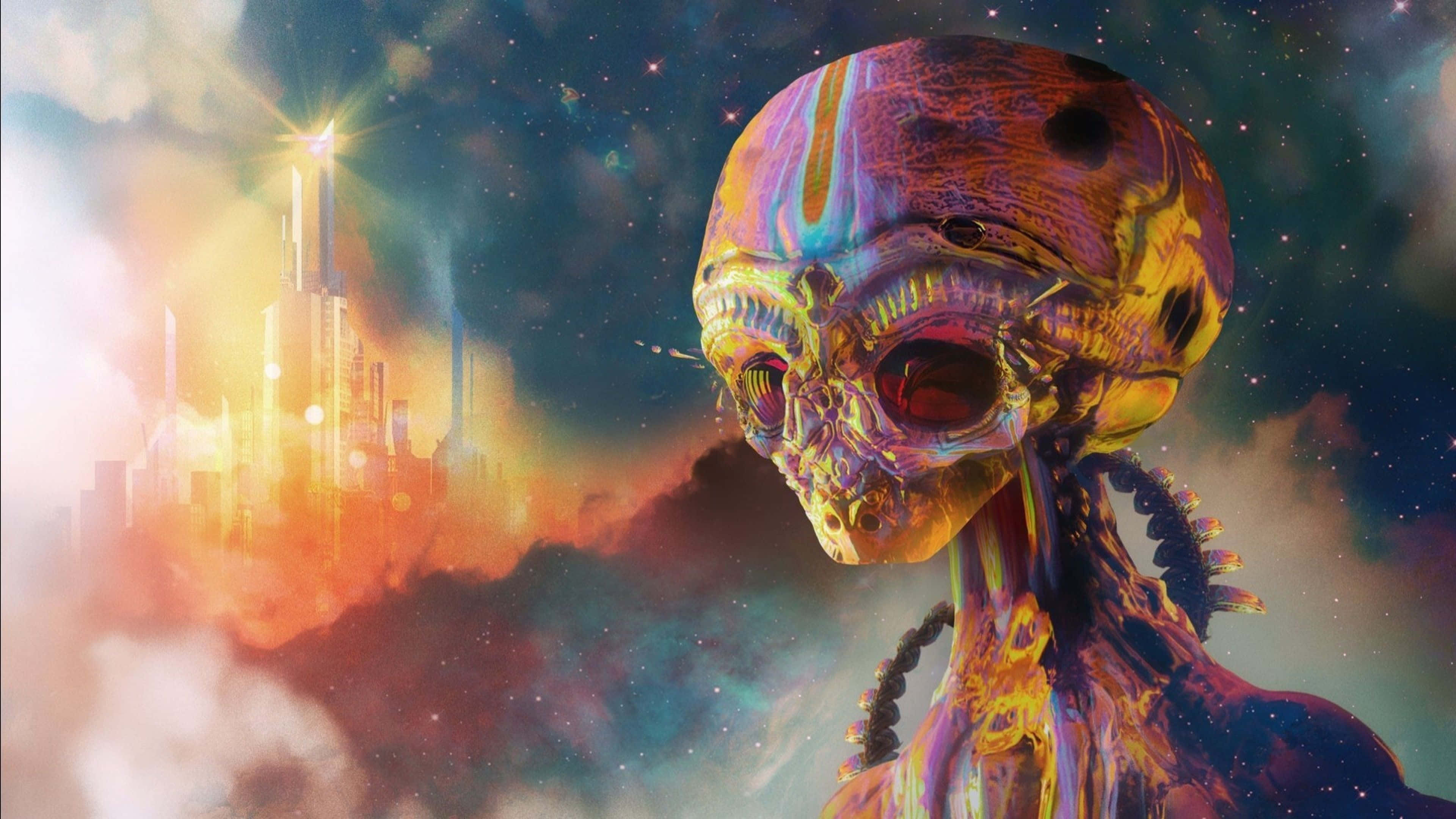「經典『Alien』的多彩呈現」 壁紙 — 一個帶有彩虹色皮膚的超現實外星人頭骨，在發光的未來城市背景下漂浮於宇宙中。