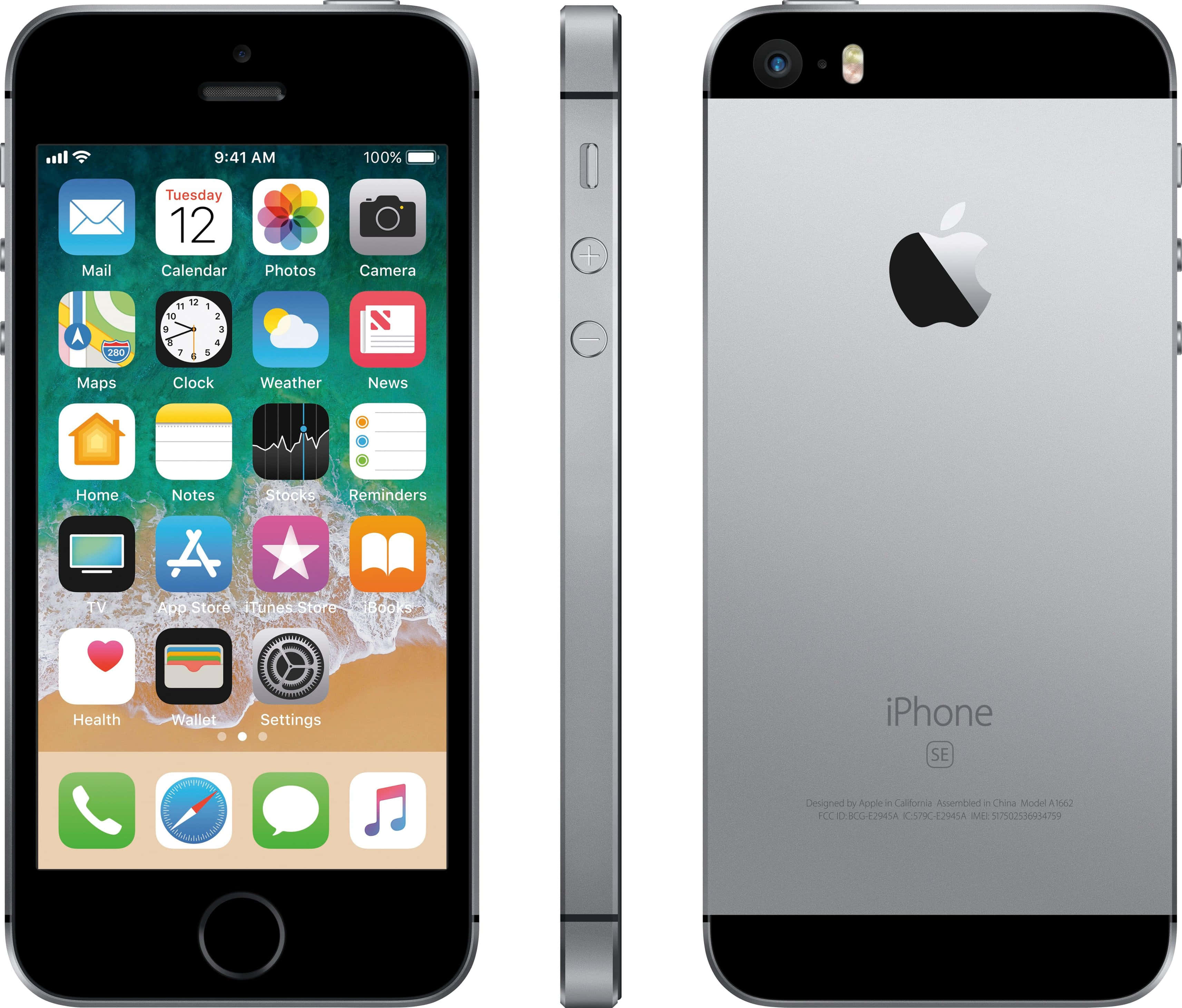 經典 Apple Phone 無可比擬 壁紙 — 銀色 iPhone SE 的三個視圖，顯示前置屏幕應用程式、側面輪廓和背面 Apple 標誌。
