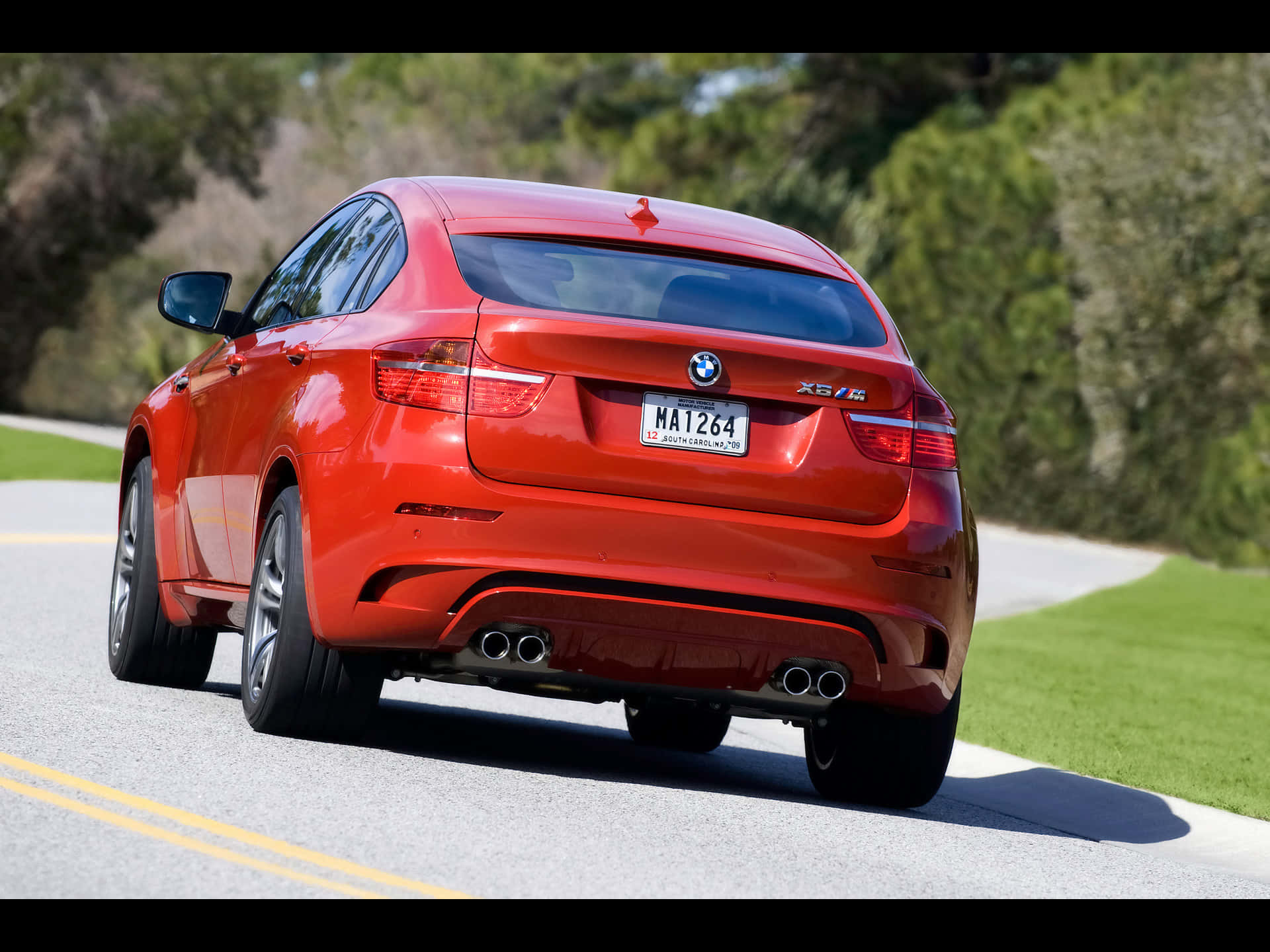 經典 BMW X6 M：路上的強勁力量 壁紙 — 一輛鮮紅色的BMW X6 SUV沿著陽光明媚的道路行駛，道路兩旁綠樹成蔭，草地茂盛。