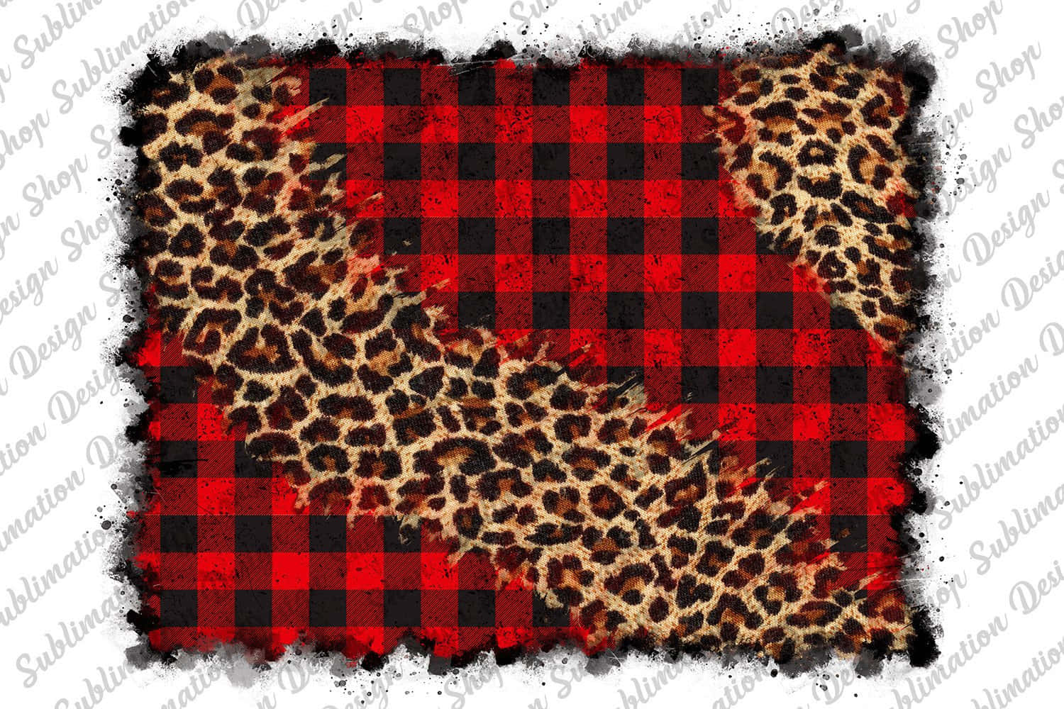 經典 Buffalo Plaid 模式背景 壁紙 — 大膽的拼布設計，將紅黑 buffalo 格紋布料與豹紋圖案融合，置於破舊 grungy 風格的框架中。