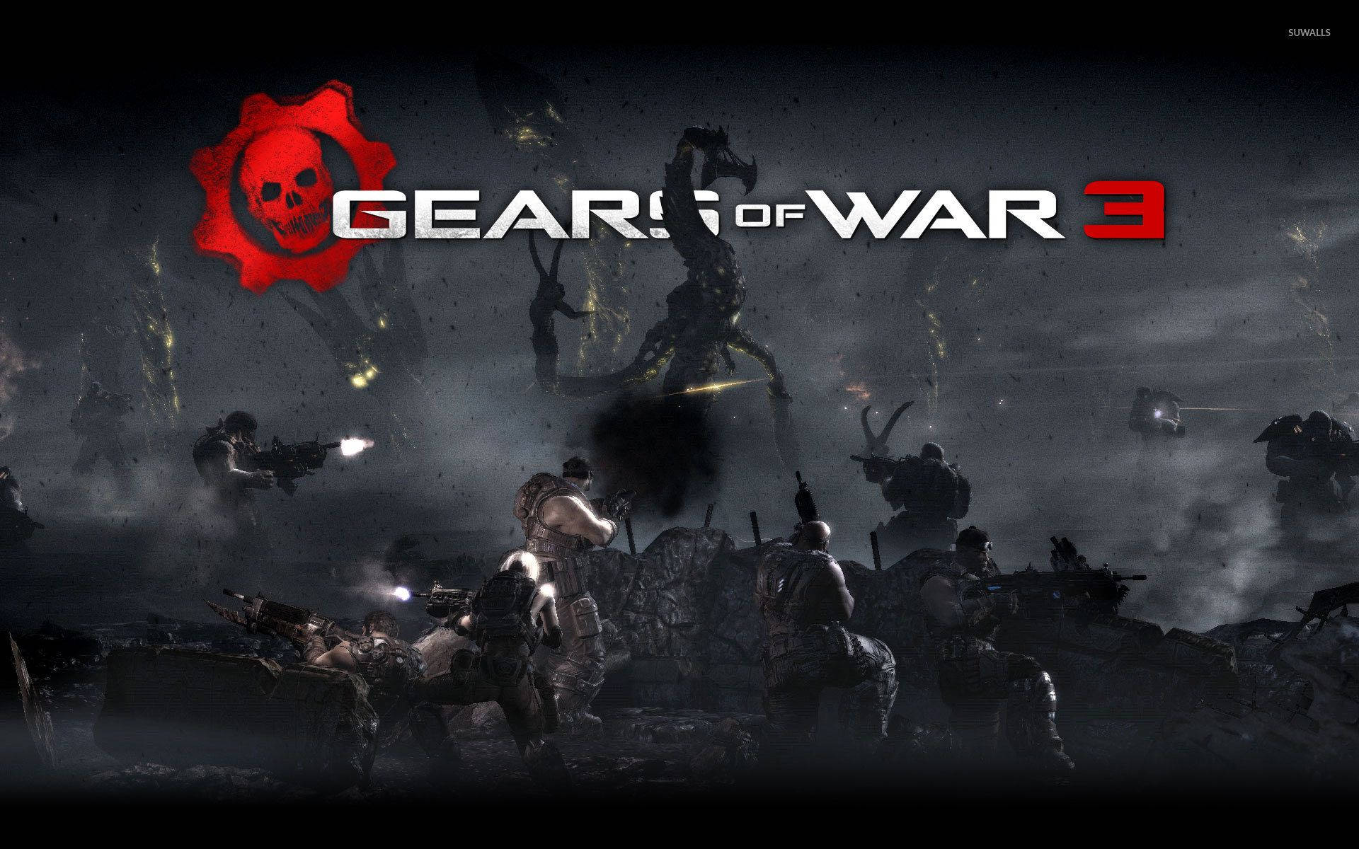 士兵在黑暗戰區與巨型怪物戰鬥，帶有Gears of War 3標誌。
