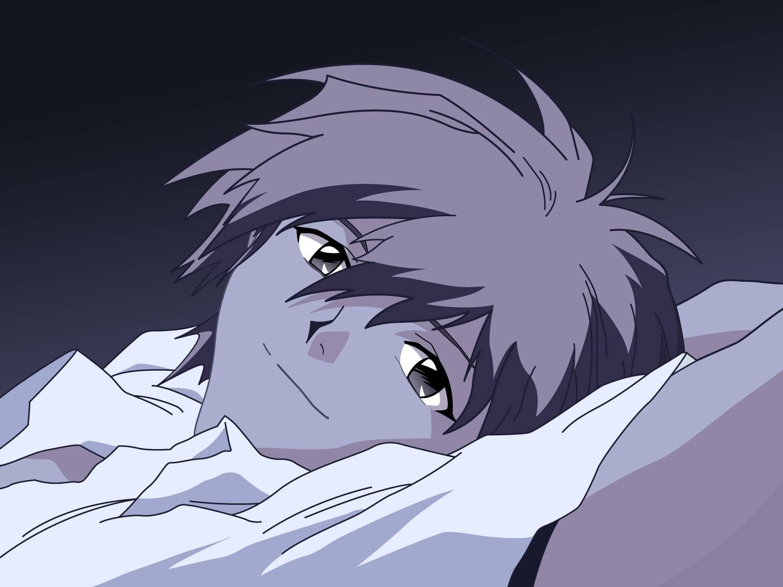 經典 Kaworu Nagisa 畫面藝術 壁紙 — 一個年輕的動漫角色，有著尖刺的灰色頭髮，躺在白色床單下的床上，在黑暗的背景下睜大眼睛向上凝視。