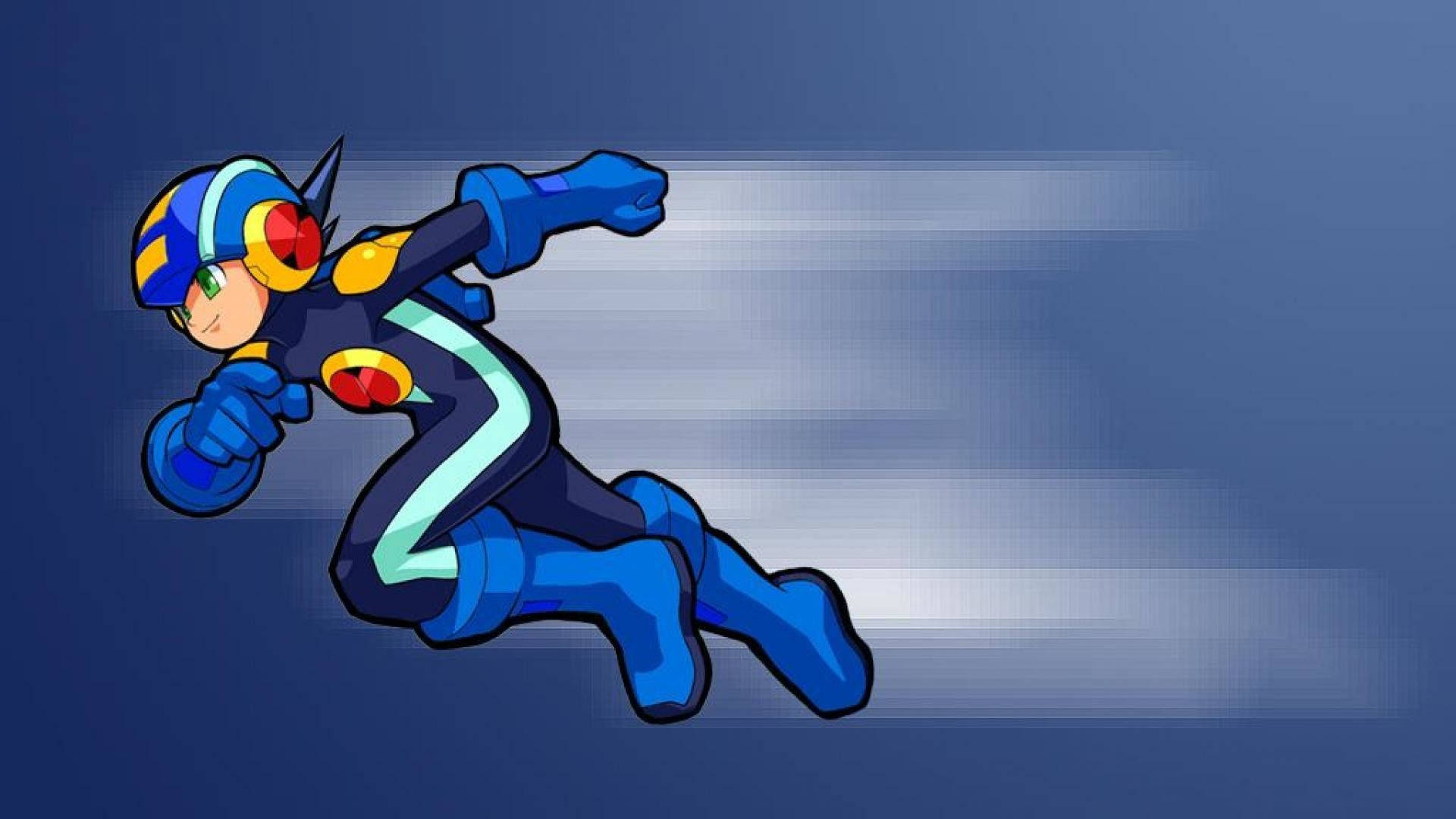 經典 Mega Man Battle Network 電子戰鬥場景 壁紙 — 藍色裝甲動漫英雄在動態飛行中，背景為模糊的漸變藍色。