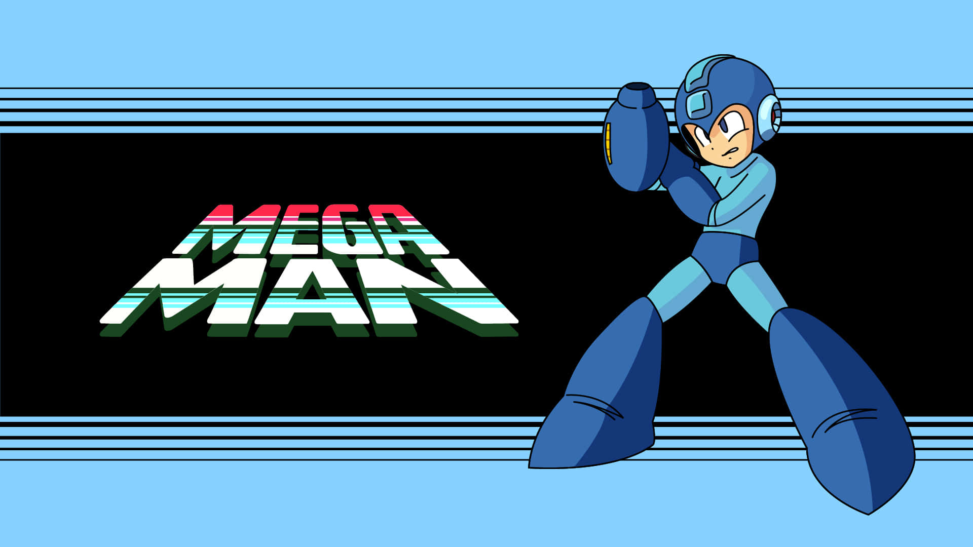 洛克人 桌布 壁紙 — 經典 Mega Man 準備好他的爆裂臂，站在復古風格的標題背景前。